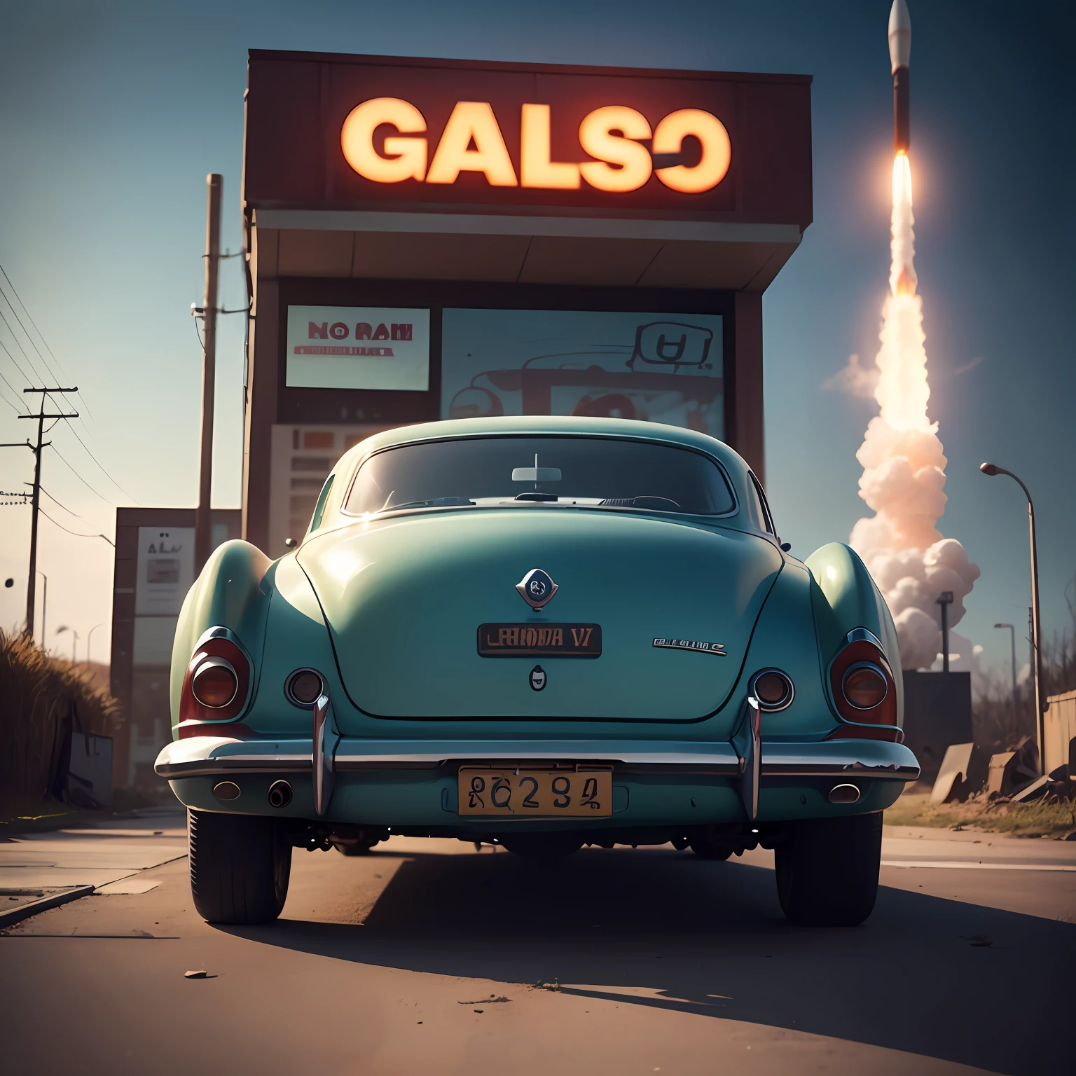 cars around abandoned gas station sign made from a rocket beautiful blue sky Clutter-Home (AtomPunkStyleSD15:1.0), (masterpiece:1.2) (photorealistic:1.2) (bokeh) (best quality) (detailed skin) (intricate) (8k) (HDR) (cinematic lighting) (sharp focus) --auto
