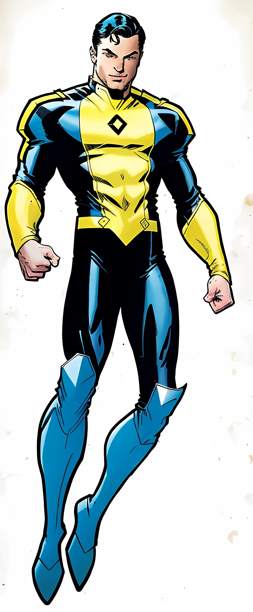 Invincible, close up of a man in a yellow and blue costume, yellow x-man costume, x-man costume, full portrait of electromancer, blue and yellow, russell dauterman, x man costume, 90s comic book character design, comic book character, john romita junior, phil jimenez, inspired by John Romita, photo of Timothy Chalamet