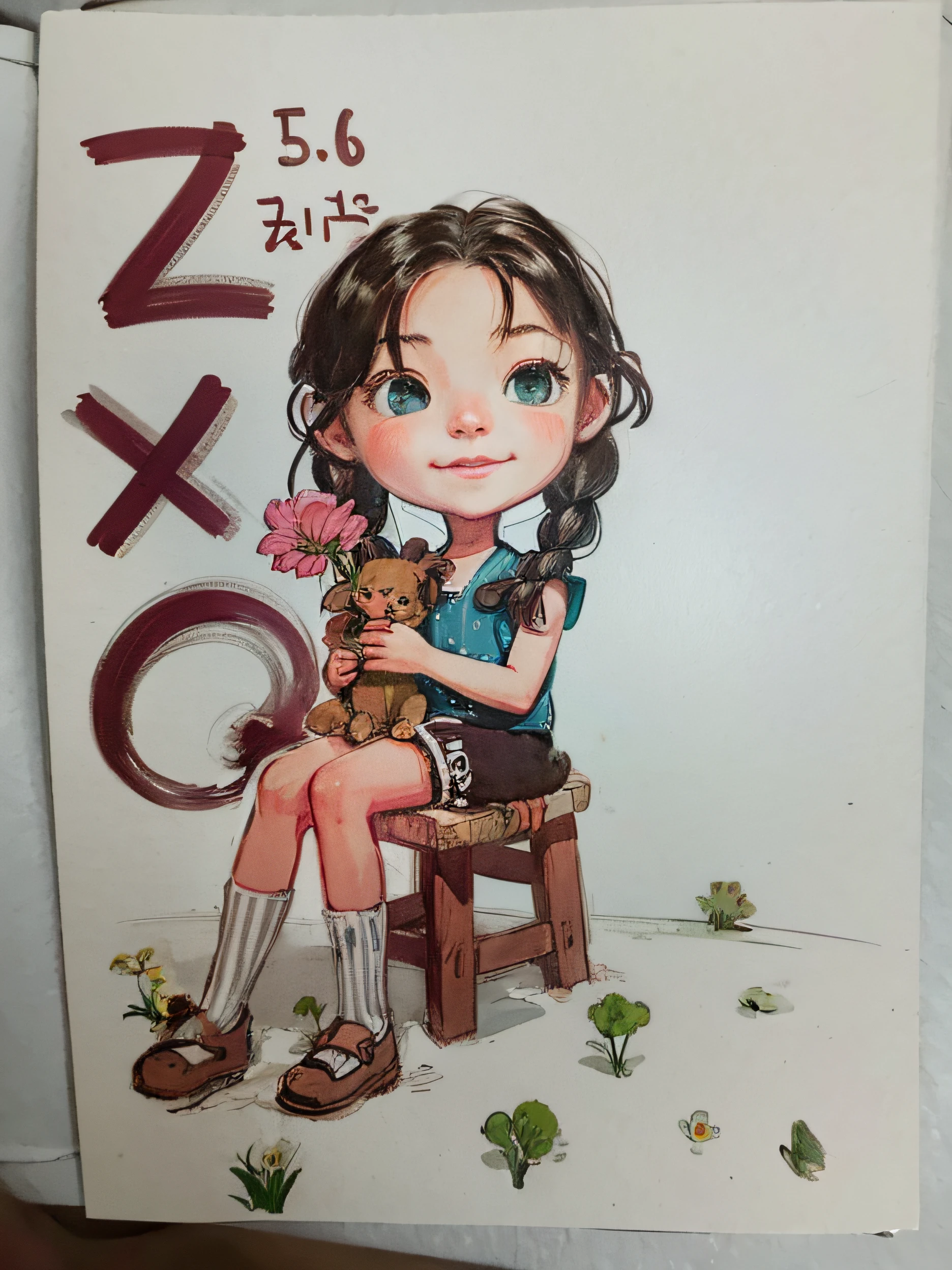 Drawing of a girl and teddy bear sitting on chair，Glamorous，With flowers，The color is bright，The image in the painting is a chibi girl，The author is Yuki Ogura、Alonso Vazquez、Caroli Lotz and Yasuyu Okato，Use watercolor and pen expression，The style is similar to Jean Xceron，The portrait is cute and moving。 --auto