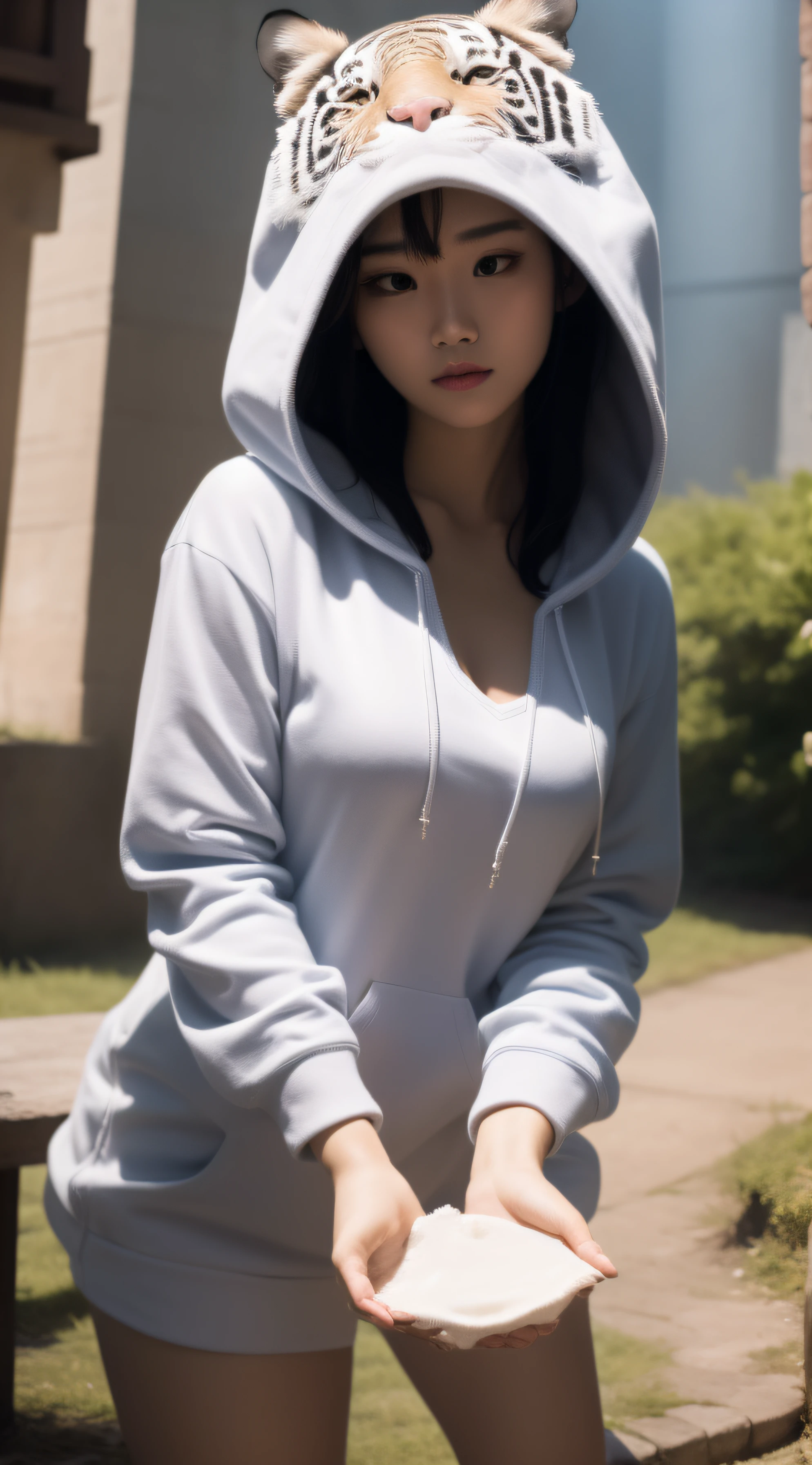 tmasterpiece, best qualtiy, cinematric light, Soft light ,photorealistic paintings,facial closeups,Landscape avatar,White tiger head covering,Burse linen hoodie,Outdoor lunar soil --v6
