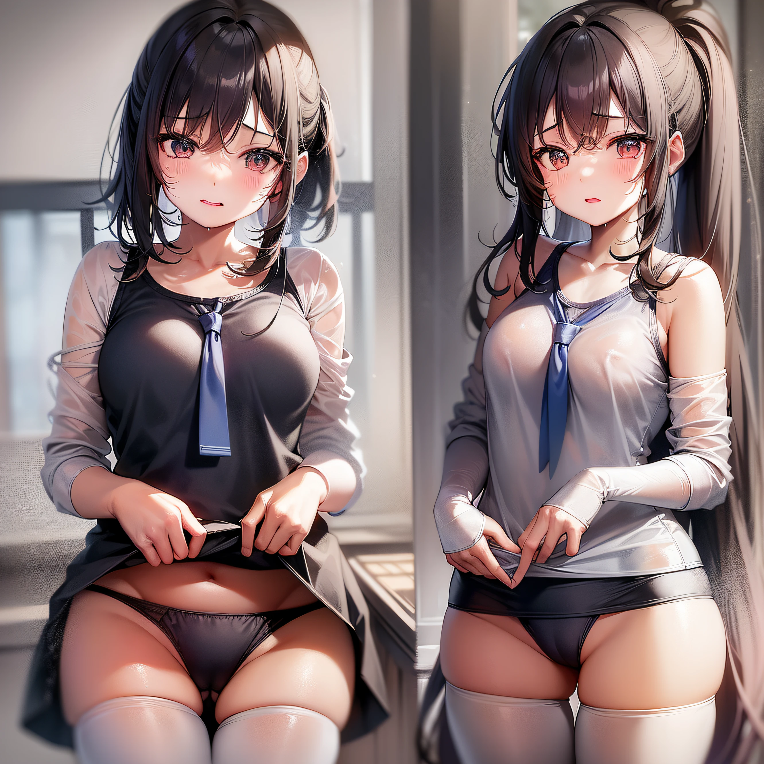 ulzzang-6500-v1.1,(raw photo:1.2), (photorealistic:1.4), Beautiful Meticulous Girl, very detailed eyes and faces, Beautiful detailed eyes, ultra - detailed, A high resolution, The is very detailed,best qualtiy,tmasterpiece,kemomimi,((Japanes girl' high school uniform)),illustratio,The is very detailed,CG,unified,8k 壁纸,Amazing Cleavage,finely detailled,tmasterpiece,best qualtiy,The is very detailed的 CG unified 8k 壁纸,light in face,cinmatic lighting, girl, ,(((dynamicposes))),(Camel toes),(A half body),((Pantyhose)),((Sit with your knees folded))
