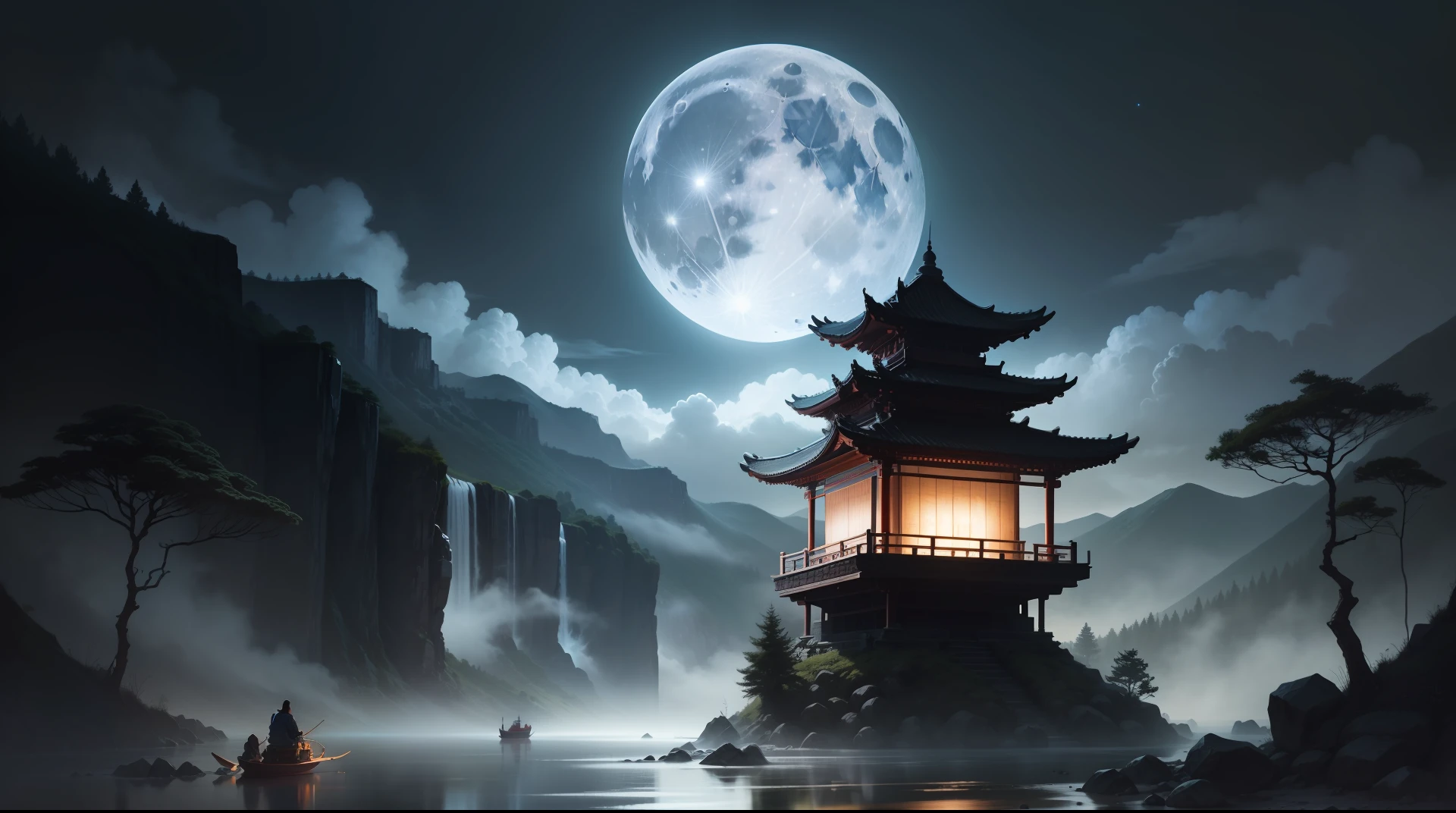 tmasterpiece,best qualityer,Chinese martial arts style,moon full,lanterns,nighttime scene,boats in the water,ponds,Lake surface,beautiful night scene,(( (Chinese martial arts style))), The sky is vast, Even the mountain cliffs, ink wash style, Contour light, Atmospheric atmosphere, depth of fields, The fog rises, bamboos, pines, Octagonal stone pavilion, Flying waterfalls, large full moon --auto