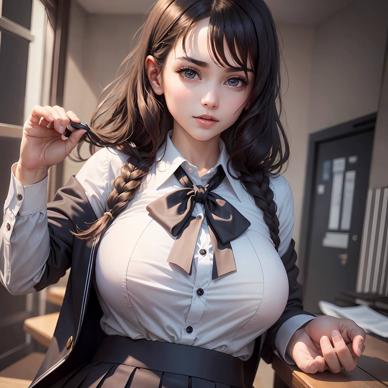 Girl Wearing OL professional clothes Fishnet socks Upper body bare, legs open, mouth open, tongue sticking out saliva, figure sitting on desk --auto