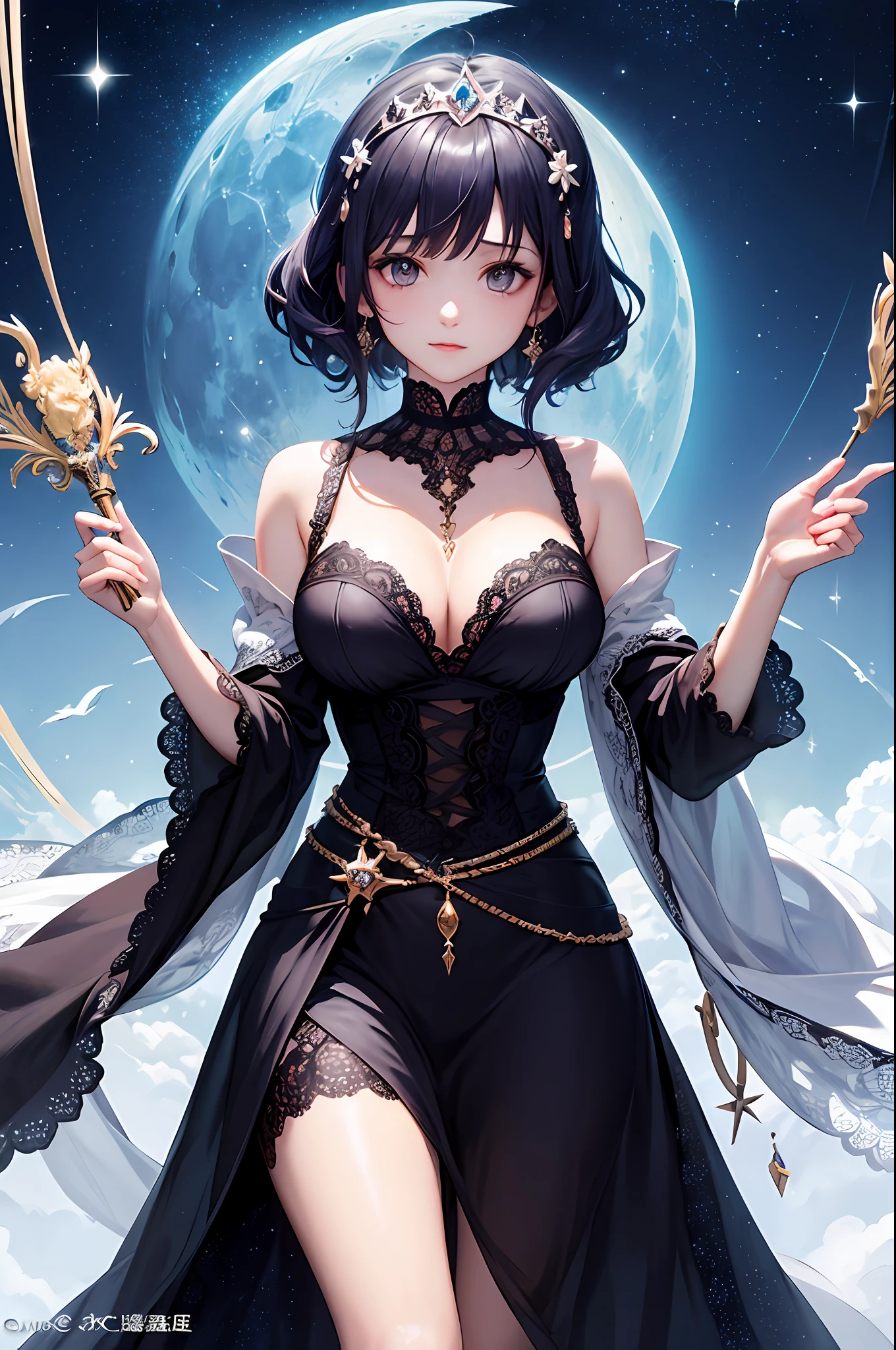 (masterpiece、top-quality、top-quality、Official art、Beautifully Aesthetic:1.2)、(1girl in)、ighly detailed、(Fractal Art:1.3)、colourfull、highestdetailed、Sagittarius temperament、Fantasia、Soothing、Dreaming Beings、Exploring the Mind、Philosophical、voyage、Dress with the image of the moon、Royal Blue、Princess、Unknown world、Mature Face、Mystical、Bewitching、passion、waist shot、Long、diadems、Moonstones、Isis
