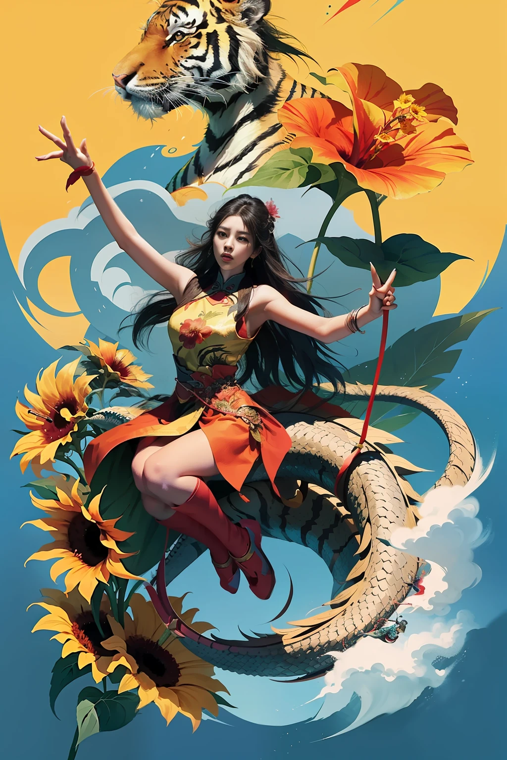 The Tiger and the Dragon ! Chinese tale , tradicional , super illustration! Love between the dragon and the tiger! fogo e vento! Hibiscus and Sunflowers , illustration yang j surrealist style! corpo em luta!