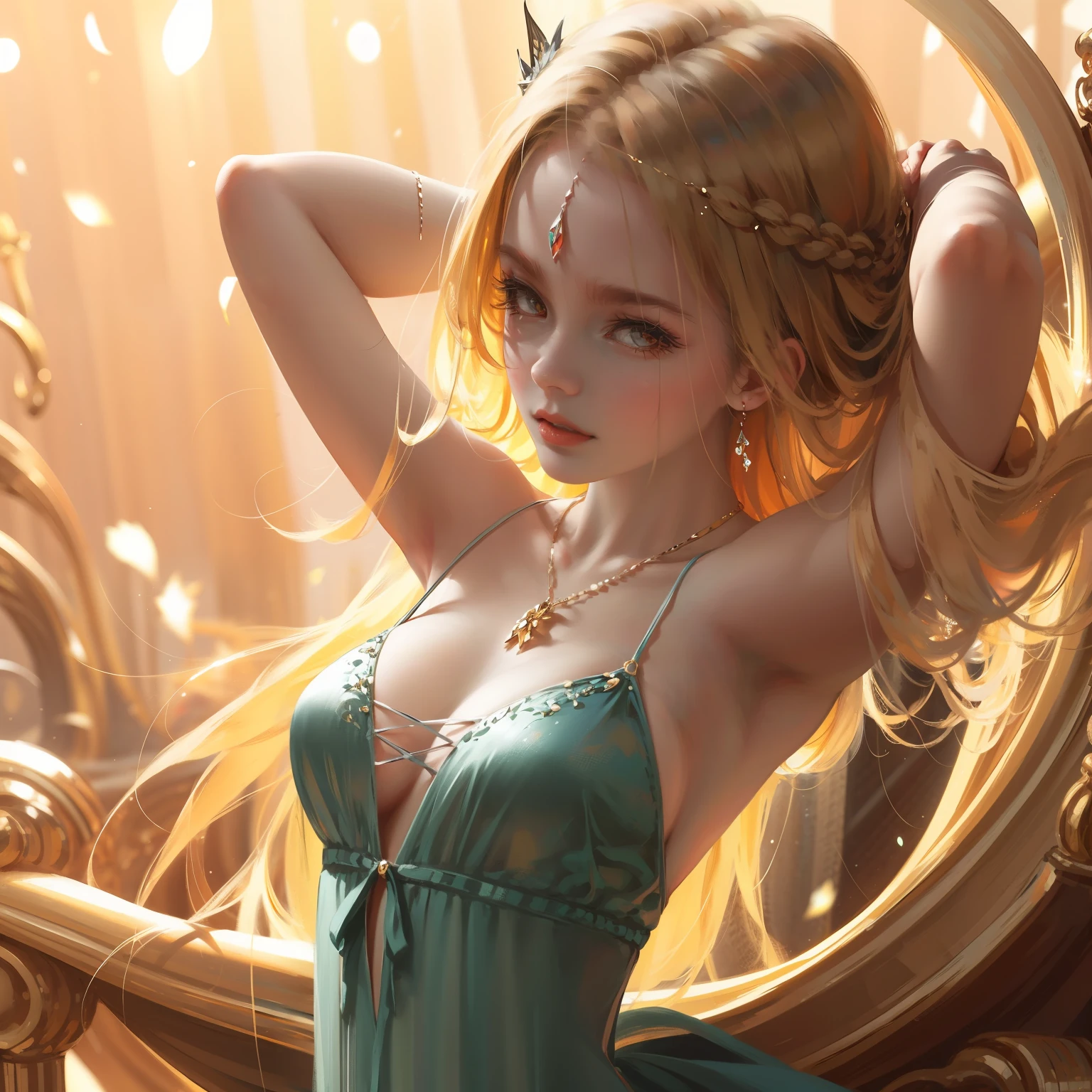 best quality, masterpiece, upper body,
(adult:1.6) hungarian woman, (smirk:0.4), arms behind head,
braided golden hair,
sparkling eyes,
victorian sundress,
 floating light particles, centered, --auto