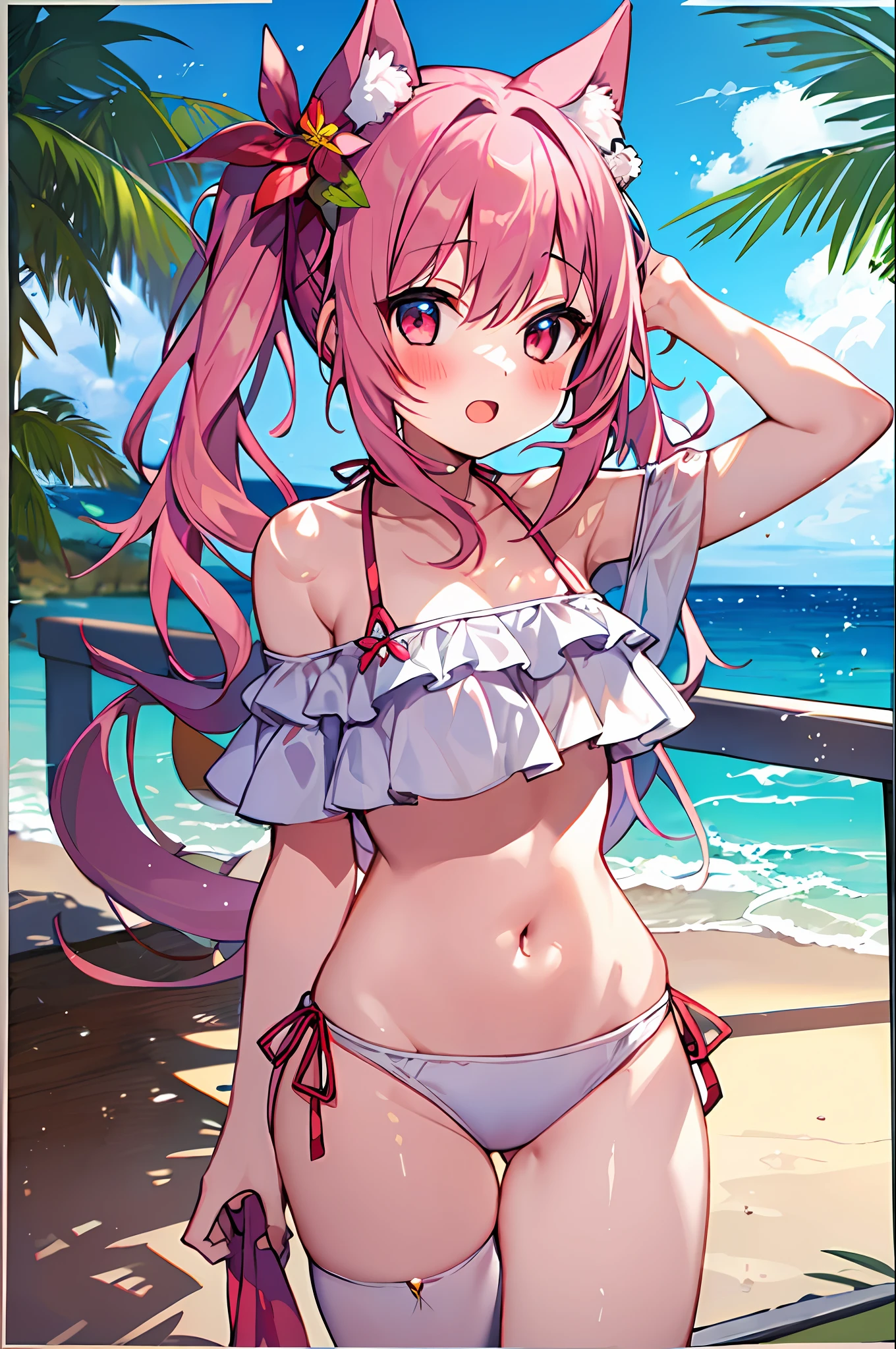 1girl in, Twin-tailed、swim wears, a white bikini, the beach, uptight, red blush
