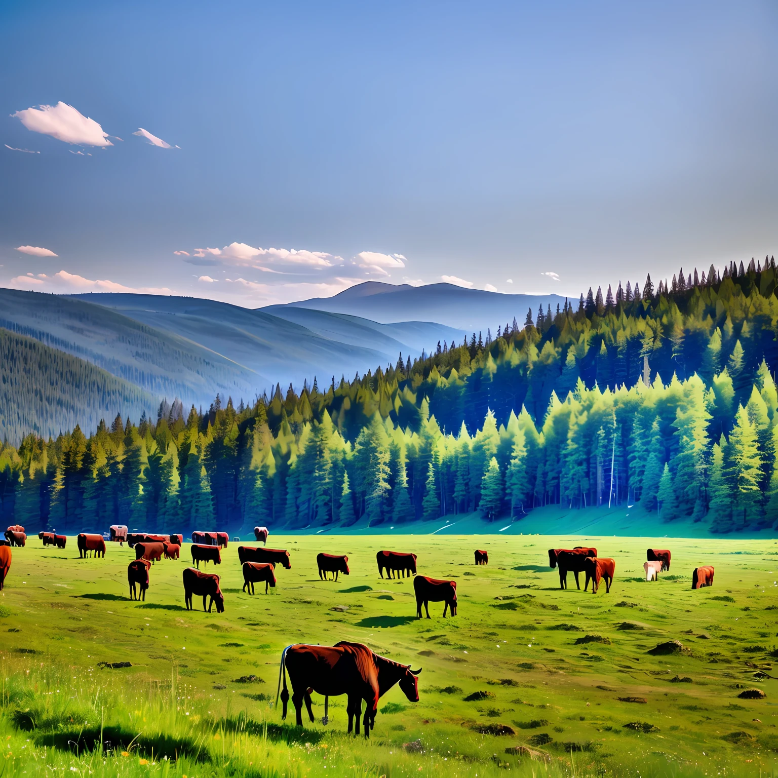A herd of cattle、with blue sky and white clouds、grass field、egret、Meandering river --auto