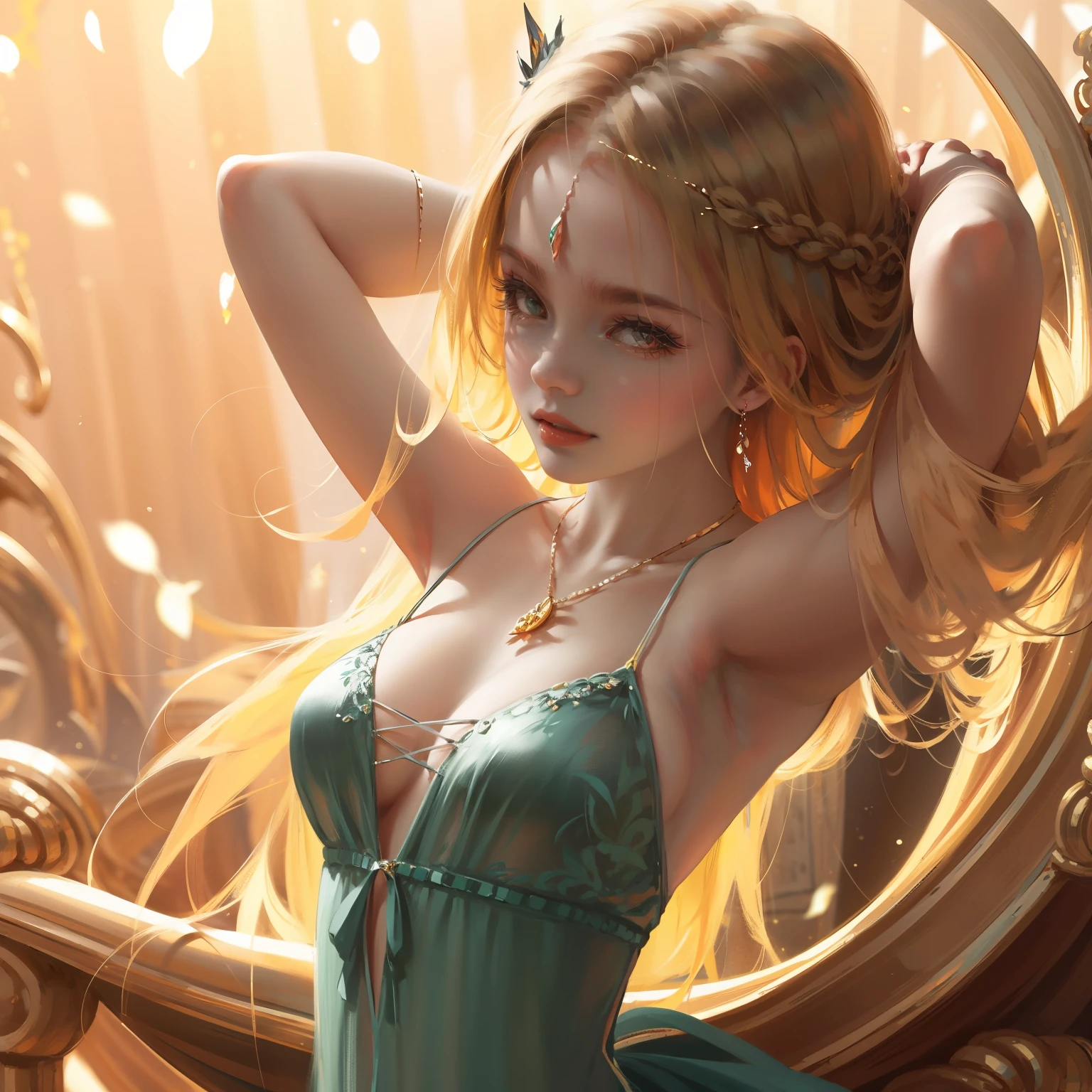 best quality, masterpiece, upper body,
(adult:1.6) hungarian woman, (smirk:0.4), arms behind head,
braided golden hair,
sparkling eyes,
victorian sundress,
 floating light particles, centered, --auto