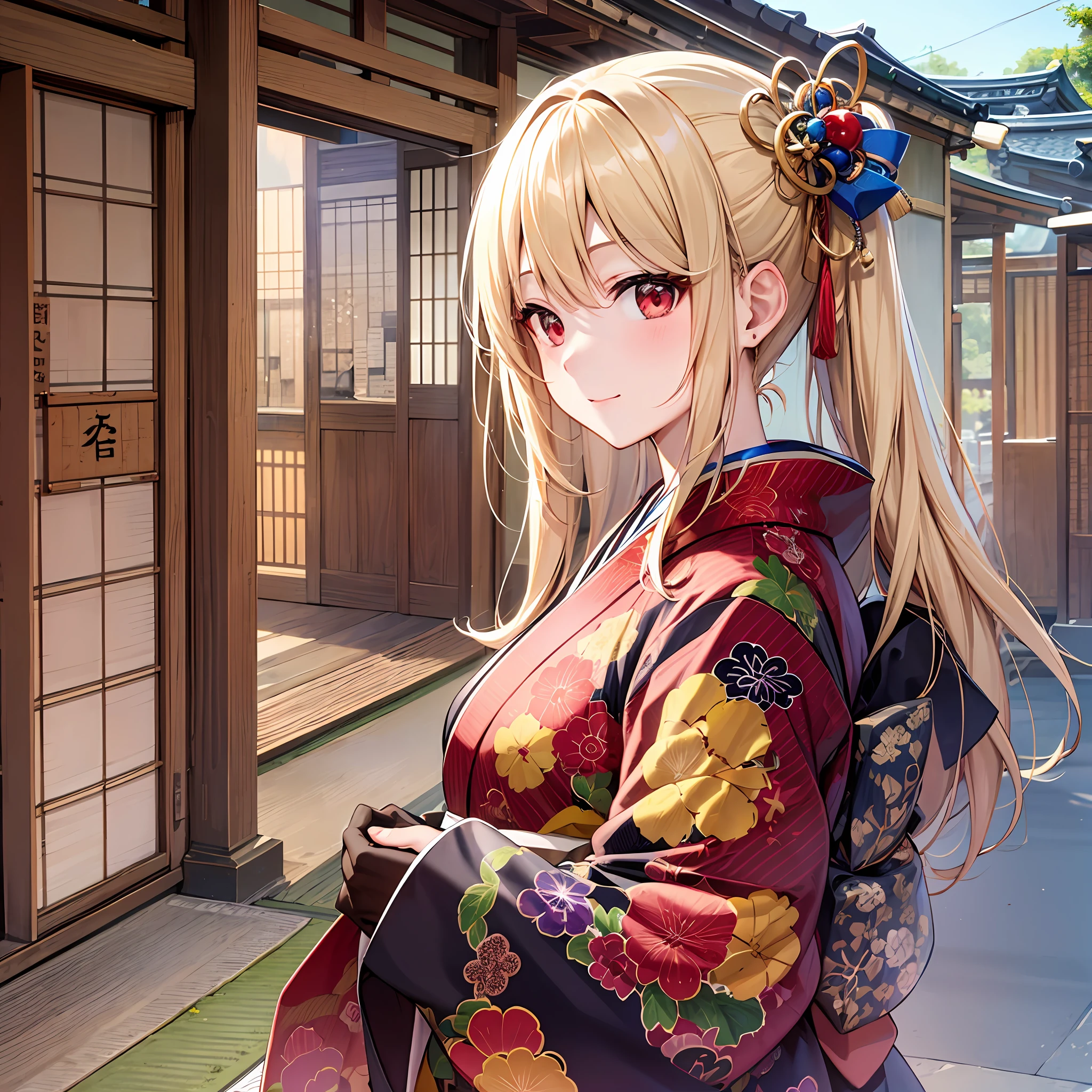 One blonde girl、red eyes、Kimono、kyoto、yuki