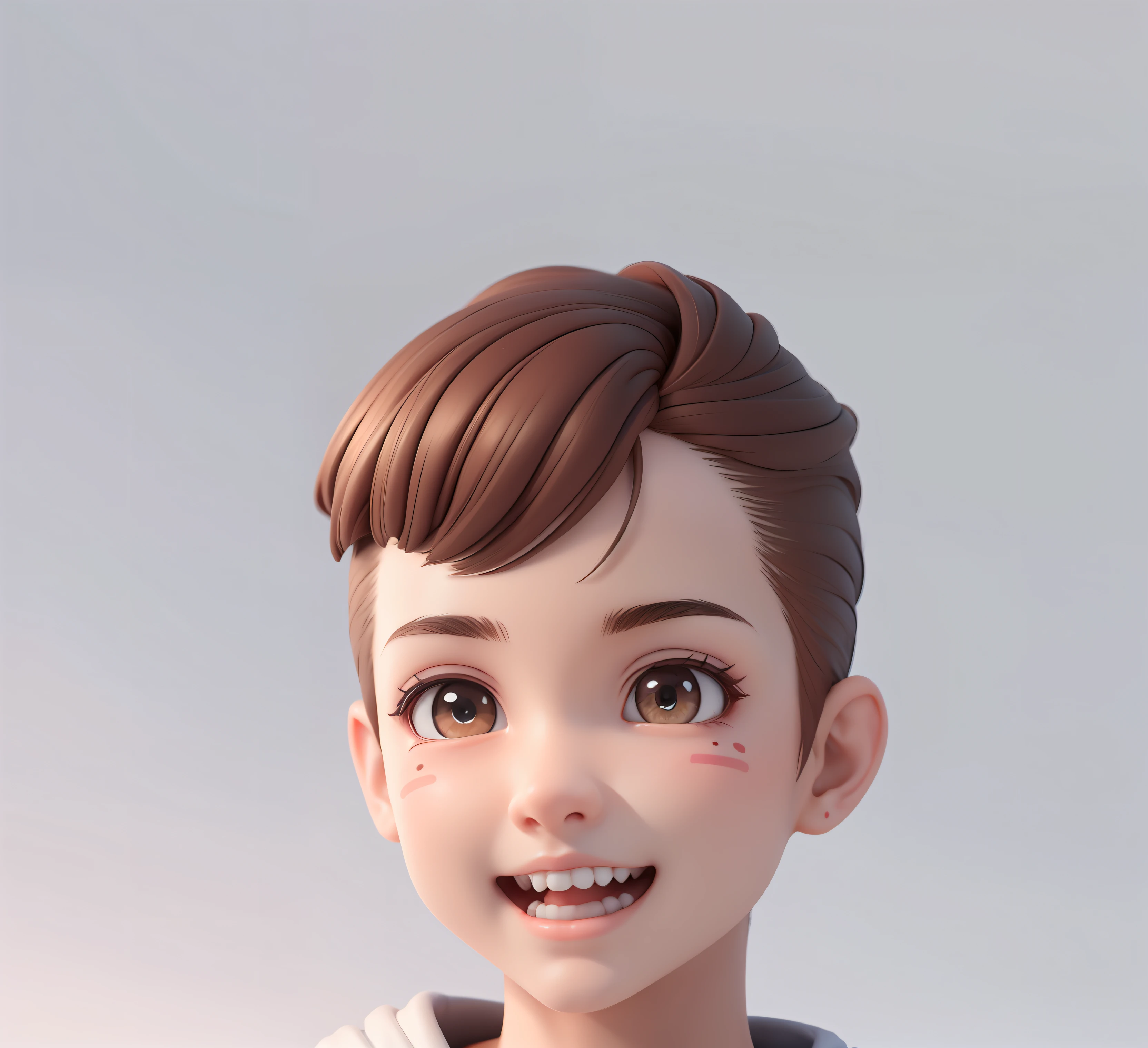 (tmasterpiece),(best qualtiy),(ultra - detailed),(full bodyesbian:1.2),A boy with,tchibi,adolable,ssmile,with her mouth open,dance,Dancing hip hop,jumping posture,hoody,Be red in the face,The shirt,short detailed hair,brown hair,Blush stripe sticker,longer sleeves,brunette color hair,athletic sneakers,trouser,3D clay rendering,White background,(Beautiful detailed face),(beatiful detailed eyes),Replenish the lower body