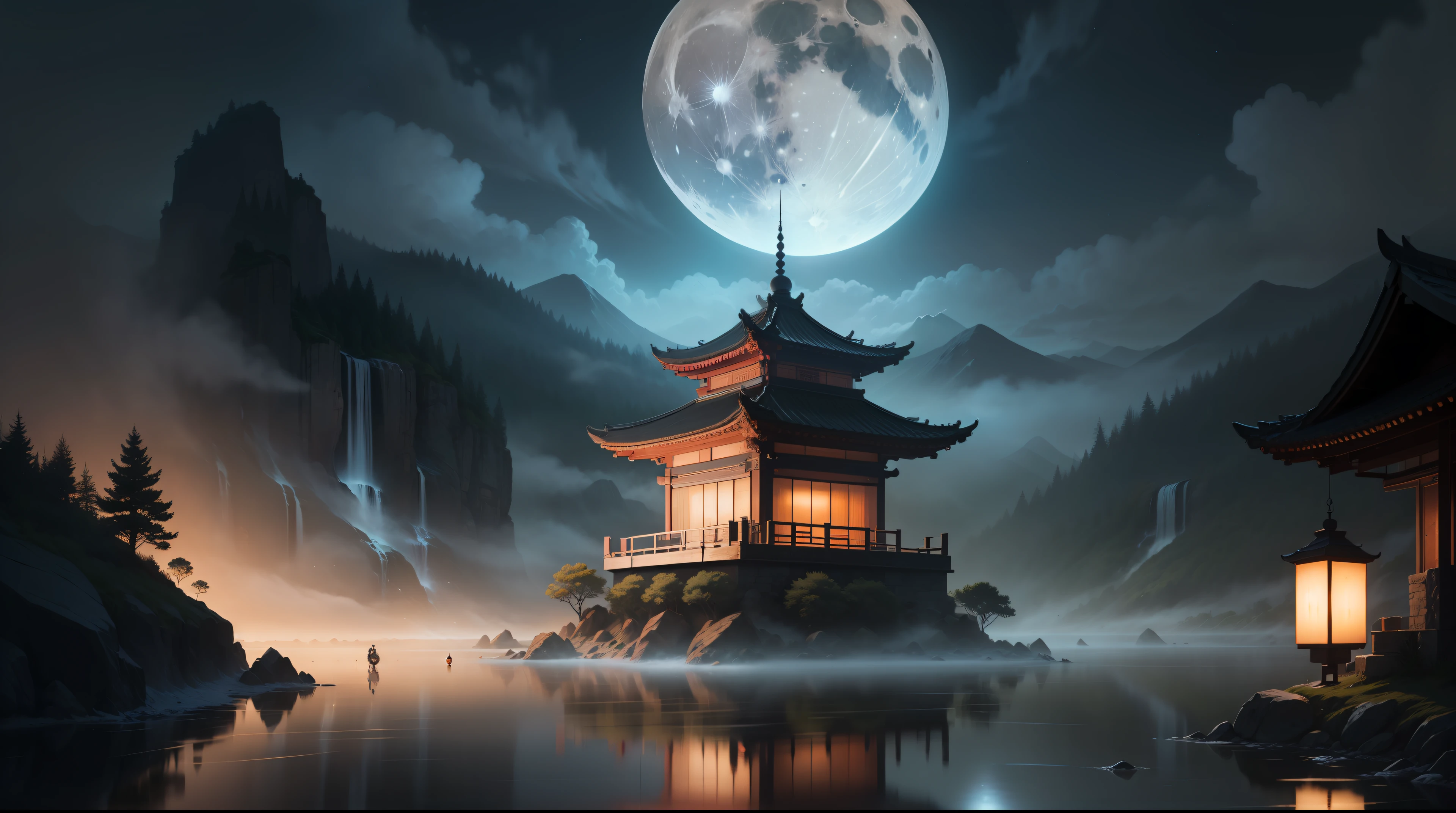 tmasterpiece,best qualityer,Chinese martial arts style,moon full,lanterns,nighttime scene,boats in the water,ponds,Lake surface,beautiful night scene,(( (Chinese martial arts style))), The sky is vast, Even the mountain cliffs, ink wash style, Contour light, Atmospheric atmosphere, depth of fields, The fog rises, bamboos, pines, Octagonal stone pavilion, Flying waterfalls, large full moon --auto