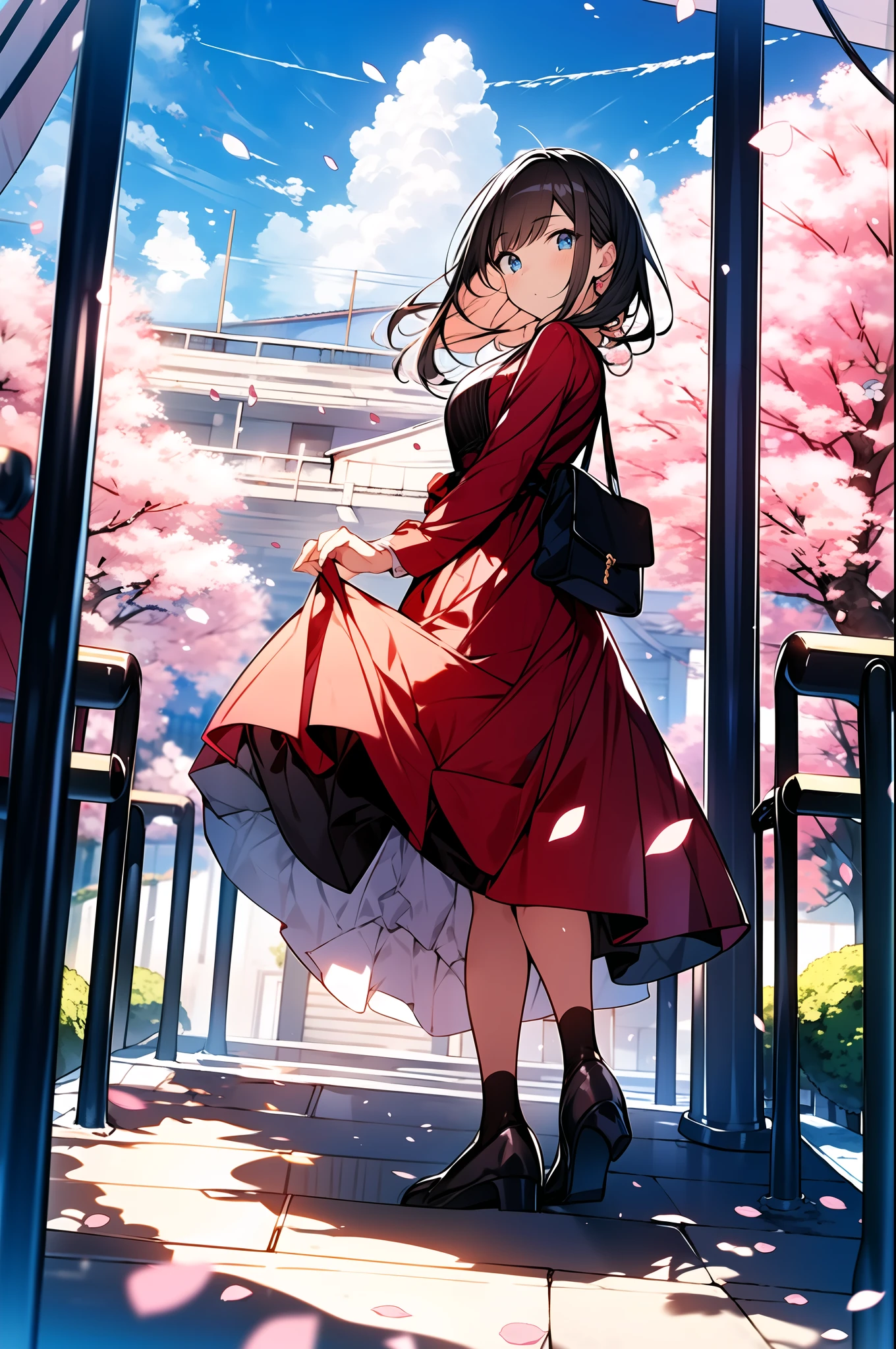 beautiful girl, illustration style, highest quality, delicate drawing, 21 years old, solo, cute, beautiful, full body posture, cherry blossoms, wind, blue sky, wide angle, anime, high quality, handwriting, handwriting, extremely fine, anime style