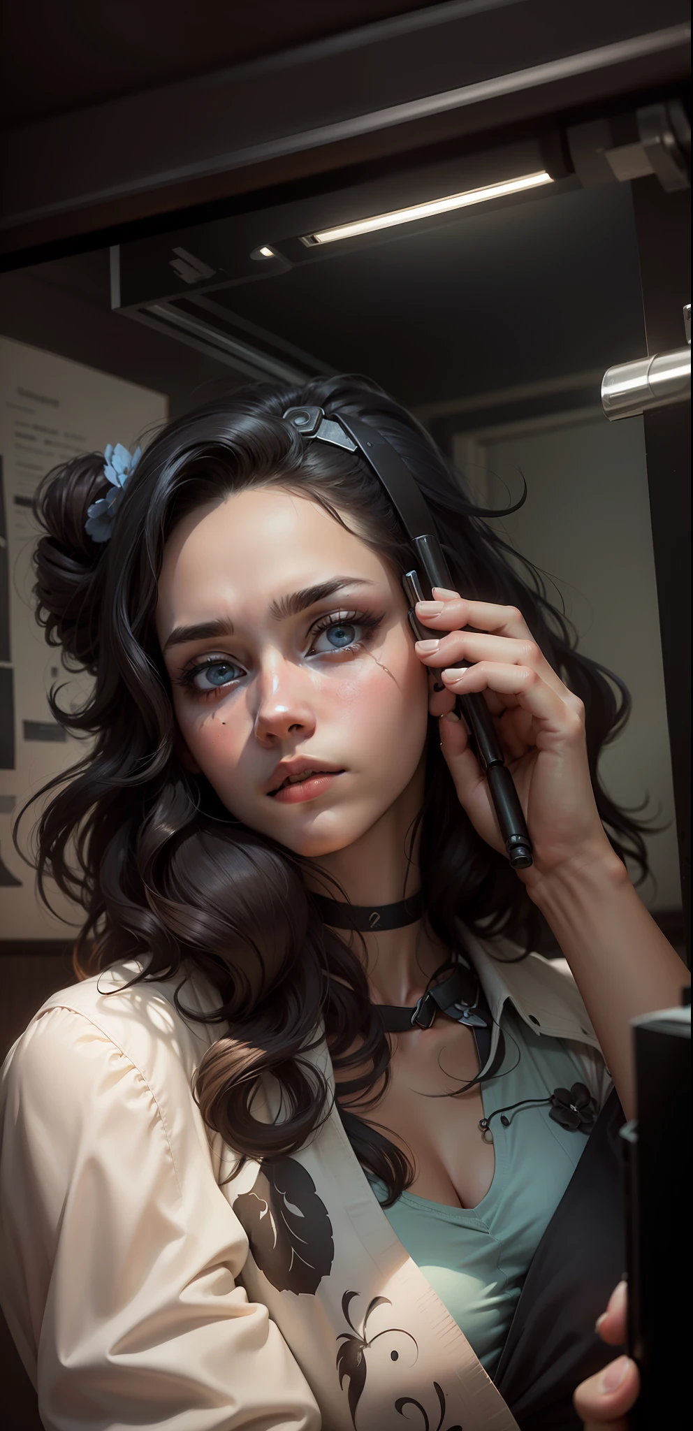 A mesmerizing masterpiece capturing a photorealistic portrayal of a woman with black hair cascading around her face. Her piercing blue eyes, subtly blurred yet captivating, draw the viewer's gaze with an intensity reminiscent of "The Matrix." She gazes directly at the viewer, exuding confidence and intrigue. The lighting is expertly crafted, casting beautiful shadows and highlighting her features with professional precision. The background is softly blurred, emphasizing her presence while maintaining a sense of depth. The portrait exudes a sense of realism, with meticulous attention to detail, including the texture of her short hair and the subtle nuances of her parted lips. The image showcases a film grain effect, adding an artistic touch and enhancing the overall atmosphere