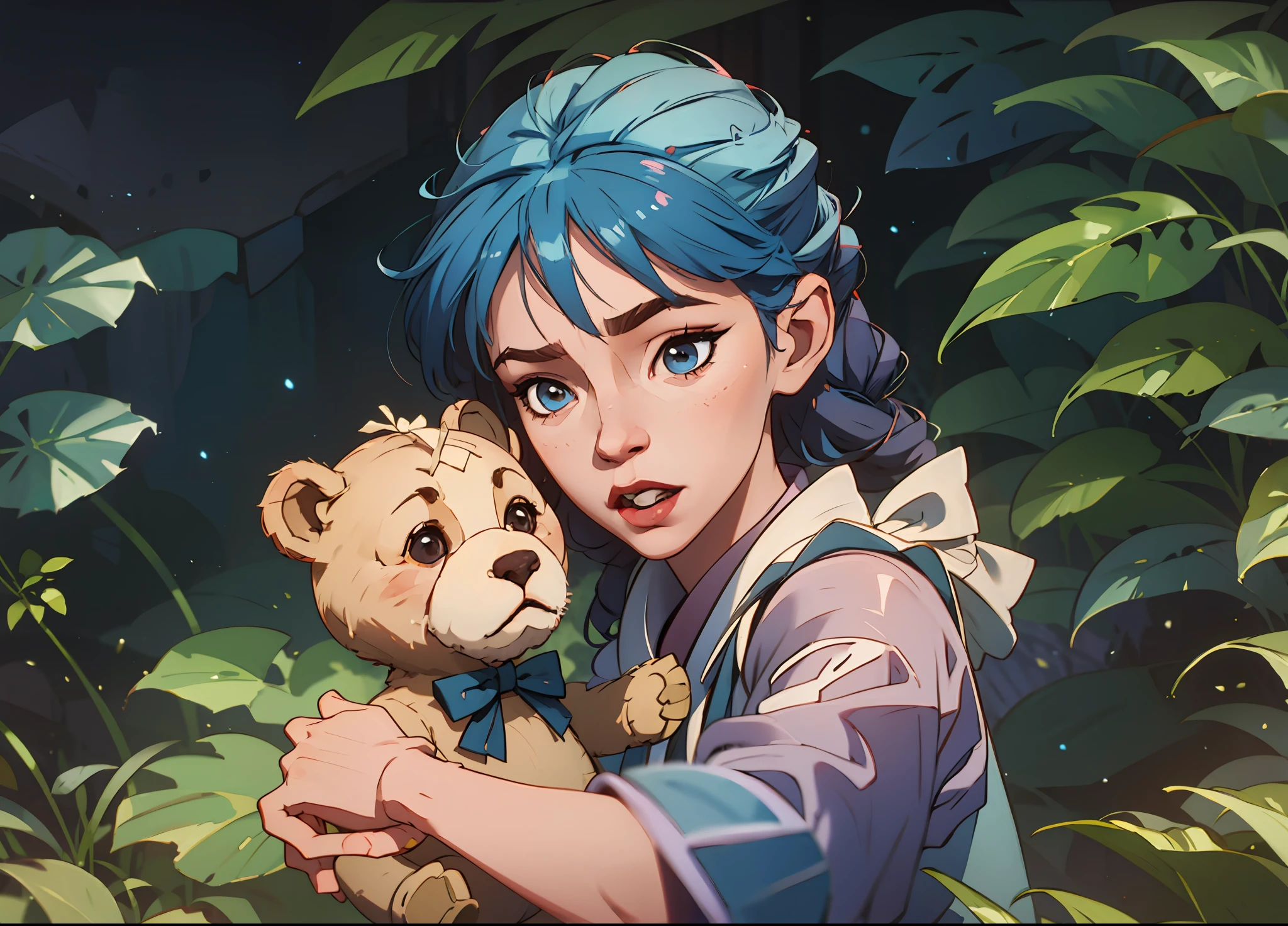 Um garoto, holding a teddy bear, Feliz, na natureza