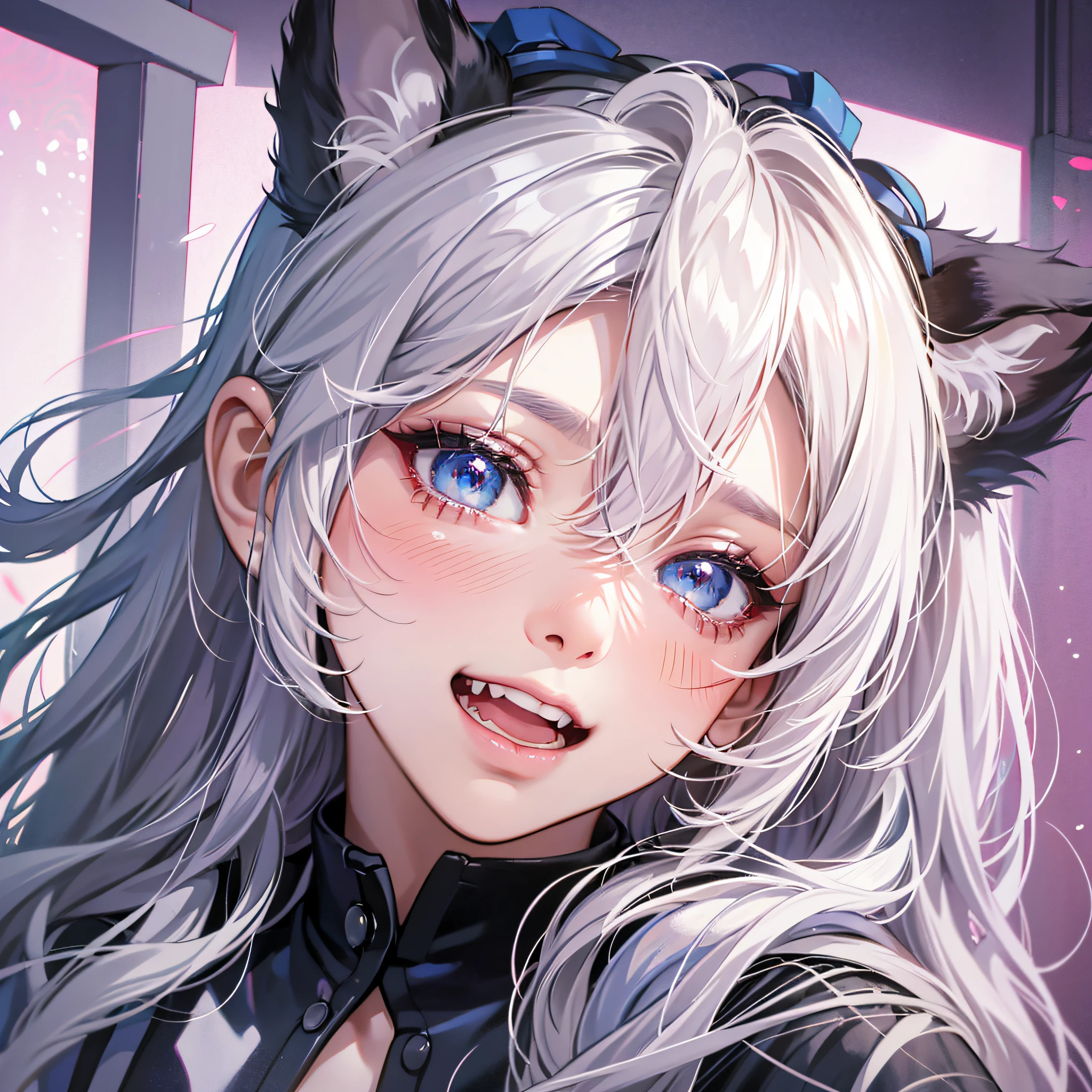 black hair, hair bobbles, wince, longeyelashes, solid circle eyes, fake animal ears, light smile, ear blush, fang, white hair, single braid, mole under eye, cat ears, pout, blush, saliva, tongue, parted lips, full blush, Surrealism, drop shadow, anaglyph, stereogram, tachi-e, pov, atmospheric perspective, high detail, anime, 8k, super detail, ccurate, best quality --auto