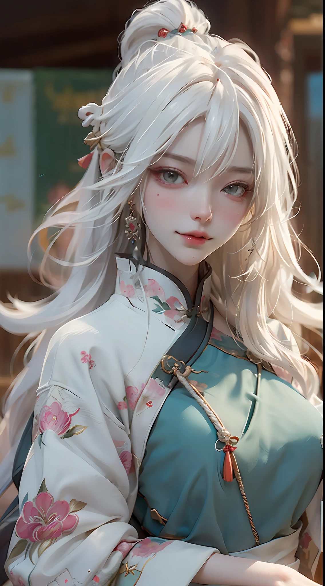 Masterpiece, best quality, making friends with Chinese dragon, funny, happy, bright, dragon, close-up of a woman with white hair and white mask, beautiful figure painting, guviz, guviz style artwork, white-haired god, Yang J, epic exquisite character art, amazing character art, fan qi, wu zhun shifan, guwiz in pixiv art station