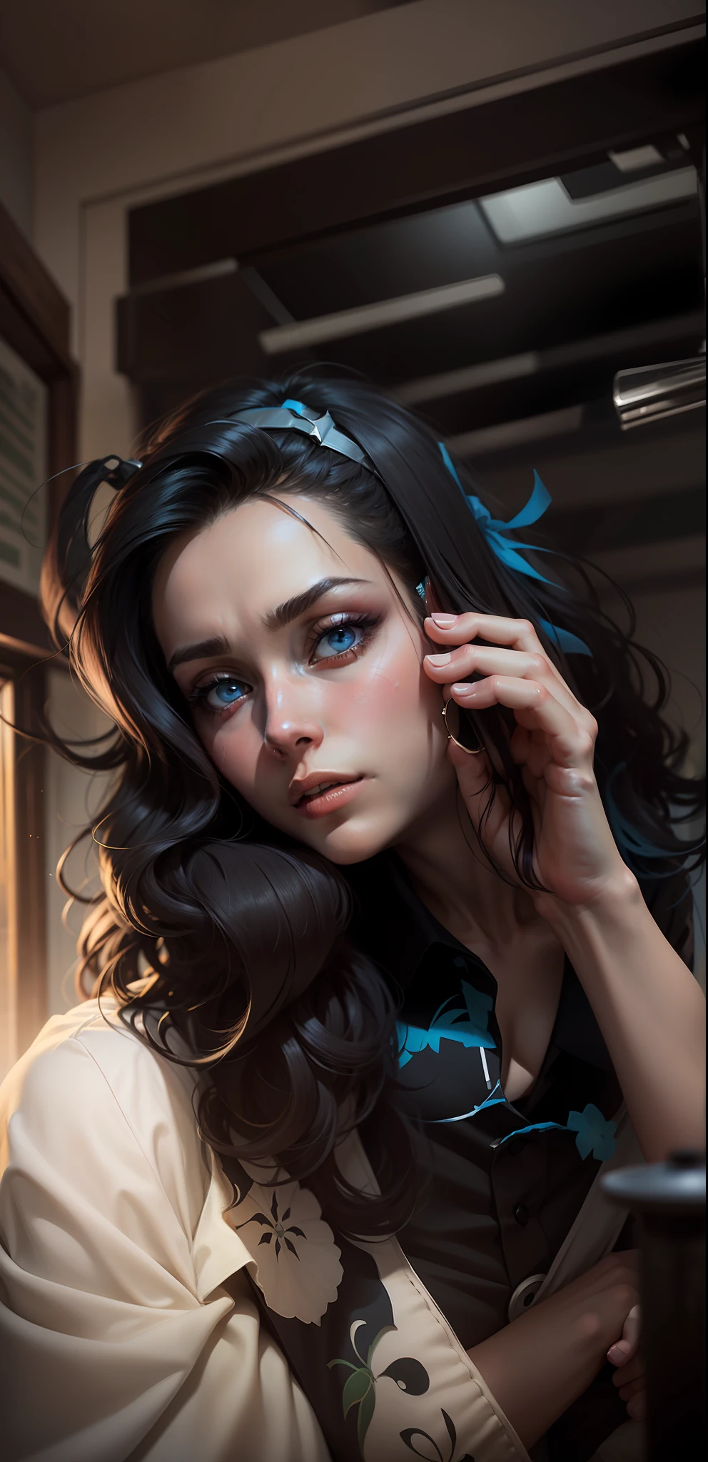 A mesmerizing masterpiece capturing a photorealistic portrayal of a woman with black hair cascading around her face. Her piercing blue eyes, subtly blurred yet captivating, draw the viewer's gaze with an intensity reminiscent of "The Matrix." She gazes directly at the viewer, exuding confidence and intrigue. The lighting is expertly crafted, casting beautiful shadows and highlighting her features with professional precision. The background is softly blurred, emphasizing her presence while maintaining a sense of depth. The portrait exudes a sense of realism, with meticulous attention to detail, including the texture of her short hair and the subtle nuances of her parted lips. The image showcases a film grain effect, adding an artistic touch and enhancing the overall atmosphere