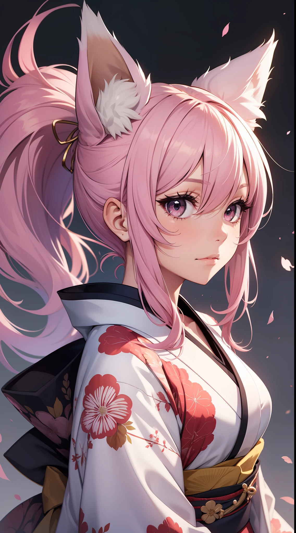 Adult woman, pink hair, low ponytail, white eyes, Fox ears, Foxtail, kimono, Masterpiece, hiquality