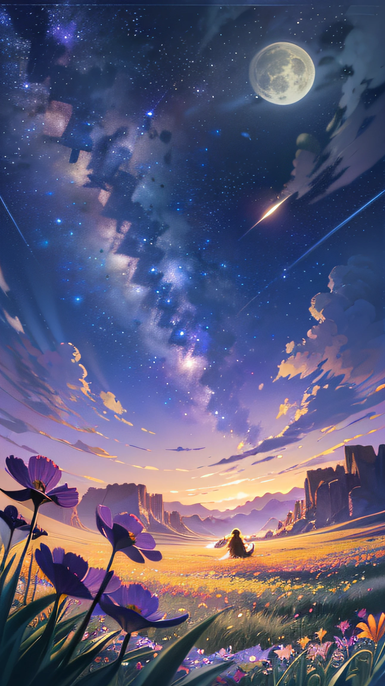 Expansive landscape photograph, (view from below with a view of the sky and the wilderness below),  girl standing in a flower field looking up, (full moon: 1.2), (shooting star: 0.9), (nebula: 1.3), distant mountain, tree break production art, (warm light source: 1.2), (firefly: 1.2), lamp, purple and orange, intricate detail, volume lighting BREAK (masterpiece: 1.2), (highest quality ), 4k, ultra-detailed, (dynamic configuration: 1.4), highly detailed and colorful details (iridescent: 1.2), (sparkling lighting, atmospheric lighting), dreamy, magical, (solo: 1.2) --auto