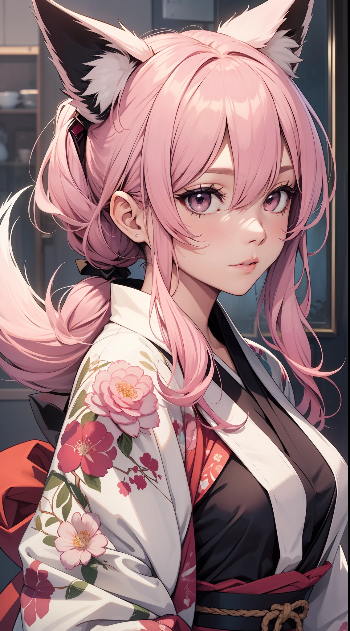 Adult woman, pink hair, low ponytail, white eyes, Fox ears, Foxtail, kimono, Masterpiece, hiquality