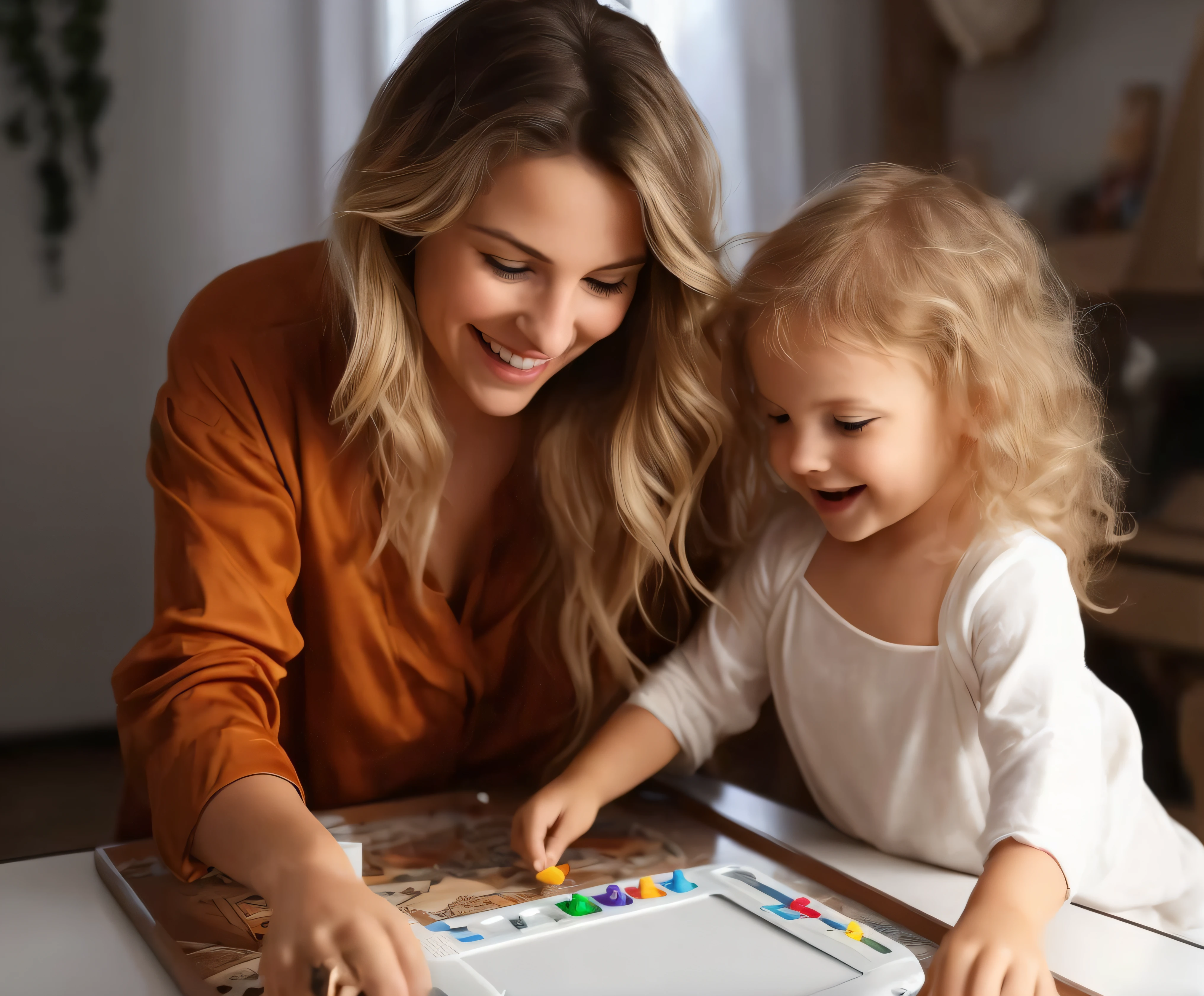 Women and children playing board games on table, using a magical tablet, kids drawing, with a child, detalhe poderoso, Artistic interpretation, Digital masterpiece, Playing games, warm and joyful atmosphere, amazing art, playing board games, tabletop game board, Digital artwork, stunning design, ai assisted digital painting, Artis, amazing depth, Unique design