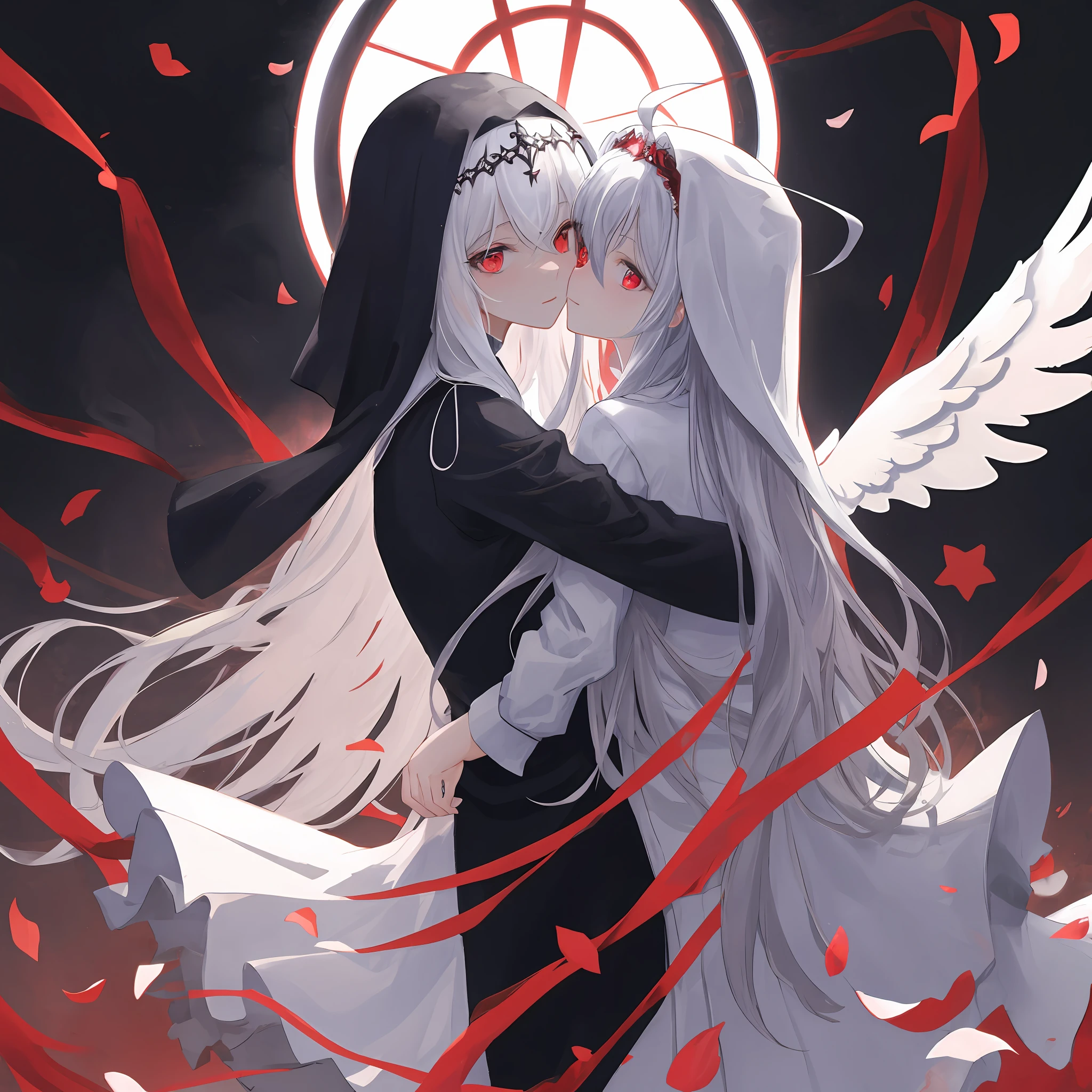 tmasterpiece,Need,Extremely detailed Cg Unity 8K wallpaper,paper cut out,Scary skies,(The upper part of the body),2 cuddling girls,angel and demon,Golden eyes,red eyes,Black and white hair,Gradient hair,hair between eye,ahoge,Black and white wings,devil horns,angelic halo,Drill hair,Idade:16,back to look back,Nun dress,White stockings,Mary Jenny,star headdress