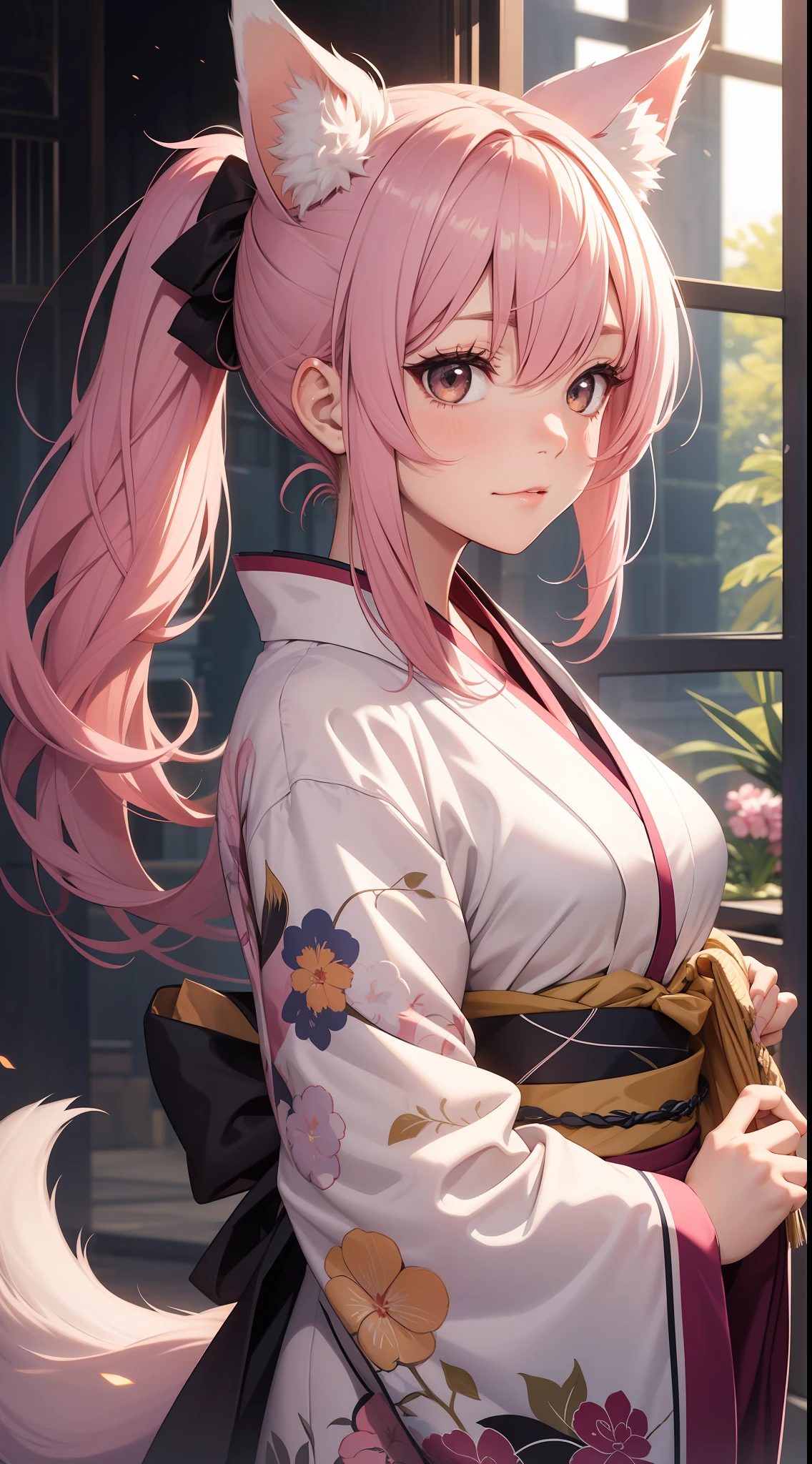 Adult woman, pink hair, low ponytail, white eyes, Fox ears, Foxtail, kimono, Masterpiece, hiquality