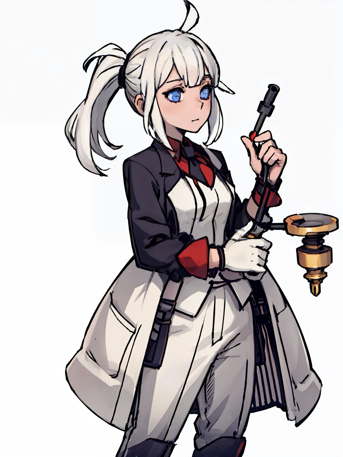 A girl,White color hair,Pipe in hand,((Half-body standing)), White background