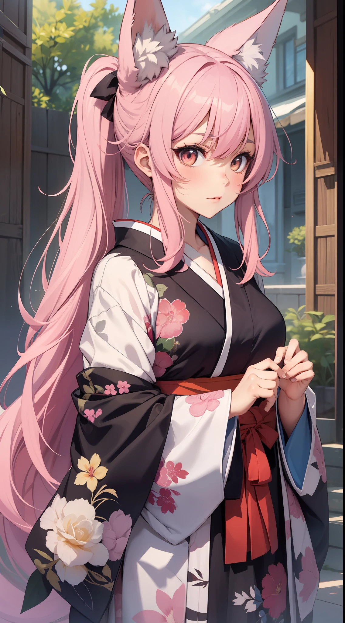 Adult woman, pink hair, low ponytail, white eyes, Fox ears, Foxtail, kimono, Masterpiece, hiquality
