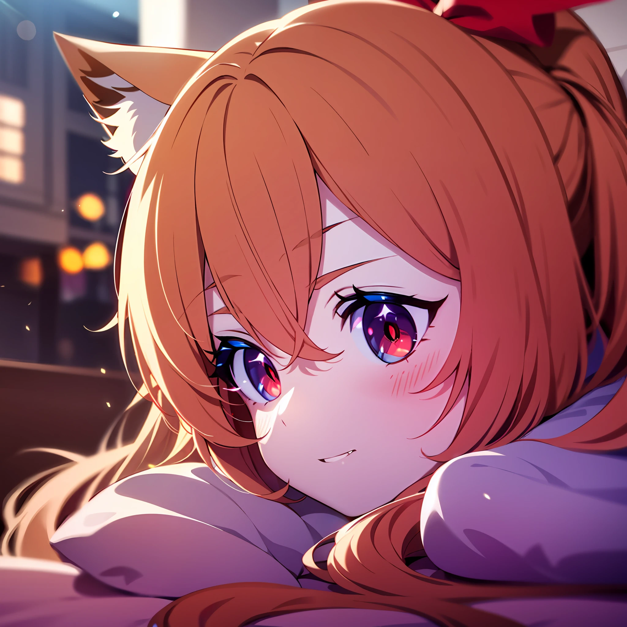 {{{{masterpiece, extremely detailed, intricate details, soft focus, 8K, highres, depth of field, absurdres, high quality facial shadowing, dynamic shadowing, extreme shaders, cinematic lighting, perfect lighting, soft lighting, hazy lighting, blurry foreground, lens flare, cat girl, fluffy cat ears, orange hair, red eyes, ribbon, pony tail, summer}}}}