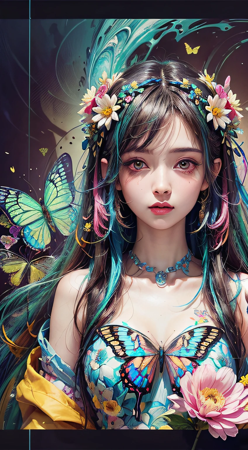 (masterpiece:1.1), (highest quality:1.1), (HDR:1.0), ambient light, ultra-high quality,( ultra detailed original illustration), (1girl, upper body), ((harajuku fashion)), ((flowers with human eyes, flower eyes)), double exposure, fusion of fluid abstract art, glitch, (original illustration composition), (fusion of limited color, maximalism artstyle, geometric artstyle, butterflies, junk art)