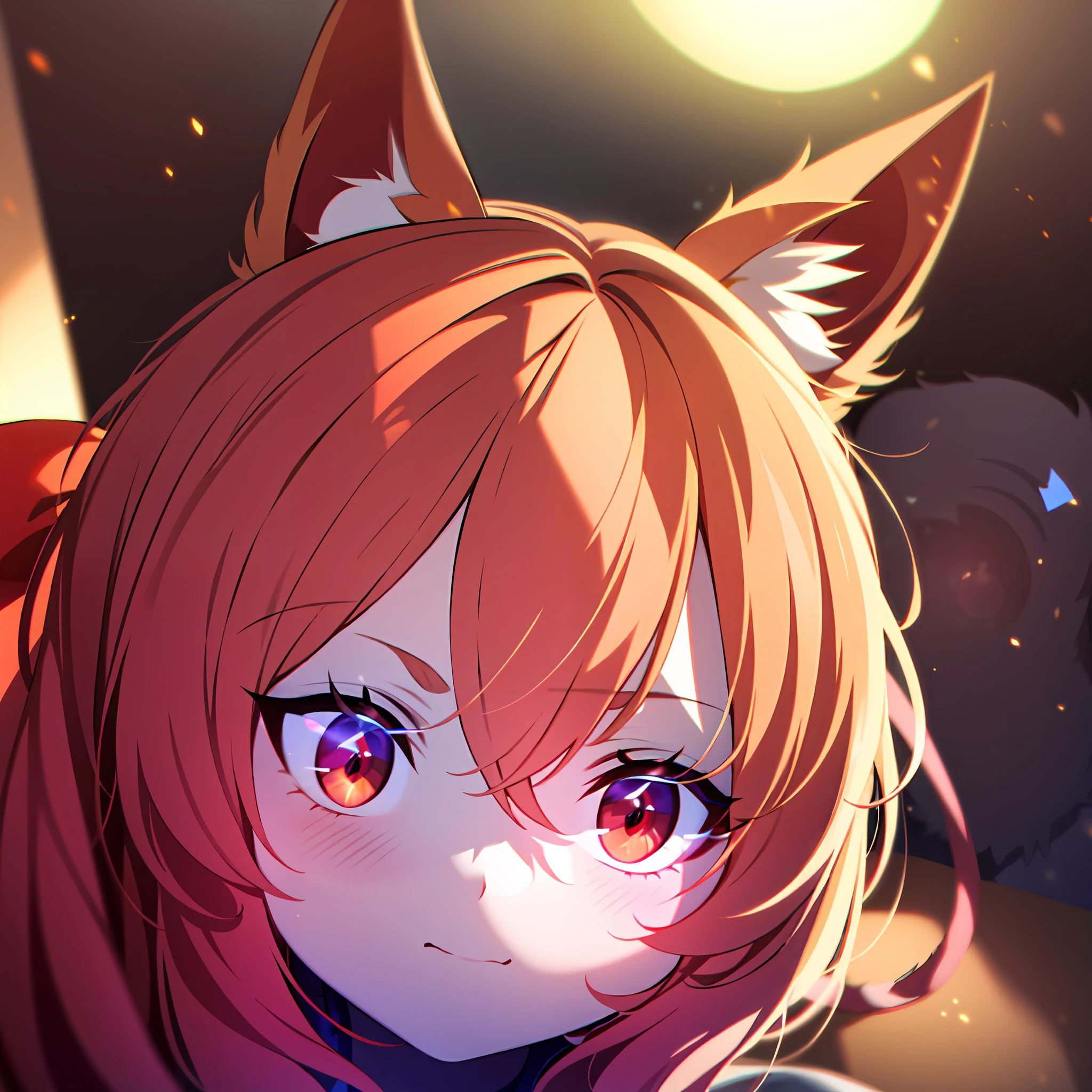 {{{{masterpiece, extremely detailed, intricate details, soft focus, 8K, highres, depth of field, absurdres, high quality facial shadowing, dynamic shadowing, extreme shaders, cinematic lighting, perfect lighting, soft lighting, hazy lighting, blurry foreground, lens flare, cat girl, fluffy cat ears, orange hair, red eyes, ribbon, pony tail, summer}}}}