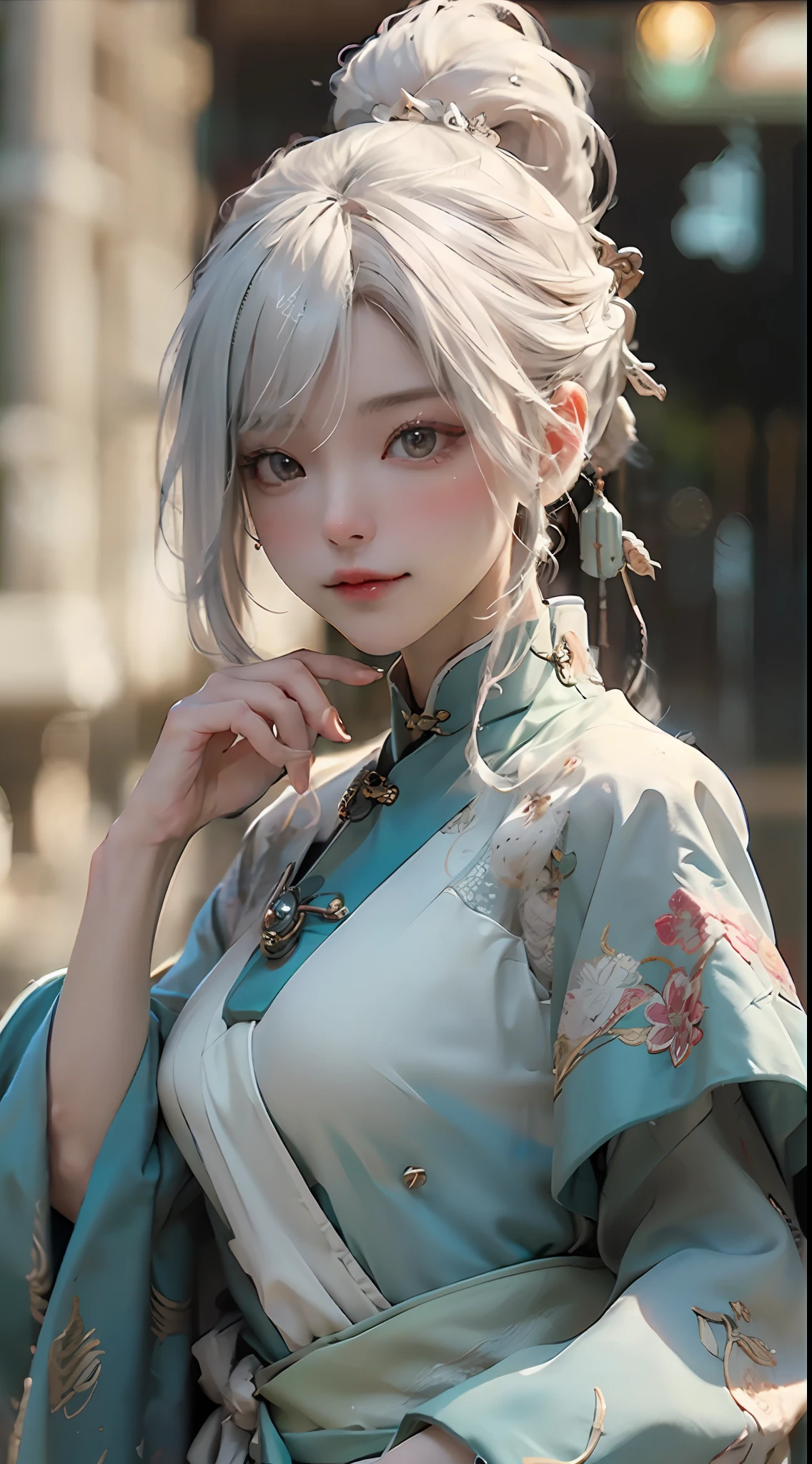 tmasterpiece，Best quality，(the detail:1.4), Make friends with Chinese dragons，intriguing，cheerfulness，Charming，brightly，drak，Close-up of a woman with white hair，Belle peinture de personnage，Guviz-style artwork，white-haired god，Epic and beautiful character art，Stunning character art，Ray traching,NVIDIA RTX,Super-Resolution,Unreal 5,Subsurface scattering、PBR Texture、post-proces、Anisotropy Filtering、depth of fields、maximum definition and sharpness、The costumes and facial expressions of the characters are very detailed，Detailed depictions are shown，Many-Layer Textures、Albedo e mapas Speculares、Surface Coloring、Accurate simulation of light-material interactions、perfectly proportions、Octane Render、Two-colored light、largeaperture、Low ISO、White balance、the rule of thirds、8K RAW