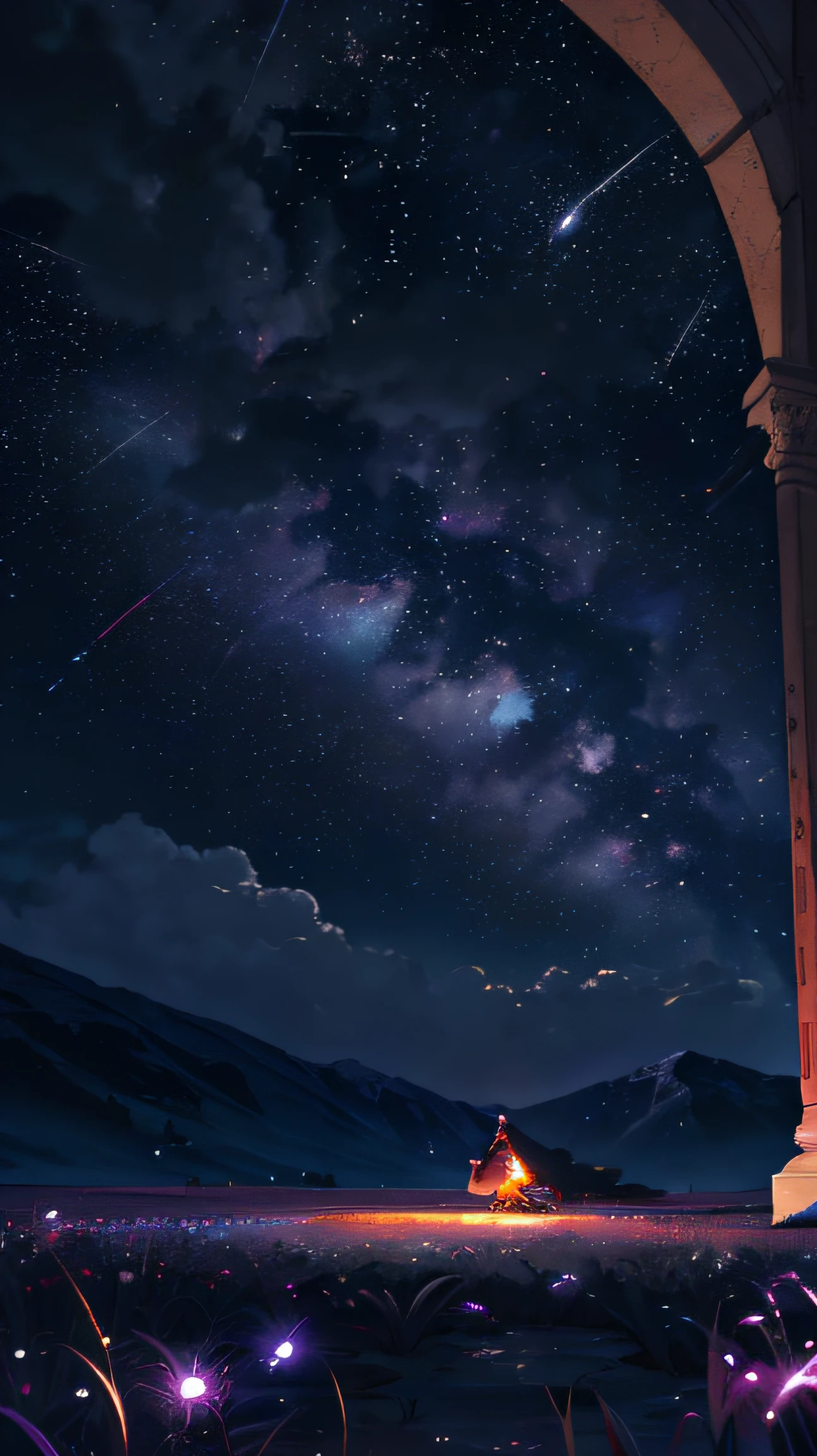 Expansive landscape photograph, (view from below with a view of the sky and the wilderness below), girl standing in a flower field looking up, (full moon: 1.2), (shooting star: 0.9), (nebula: 1.3), distant mountain, tree break production art, (warm light source: 1.2), (firefly: 1.2), lamp, purple and orange, intricate detail, volume lighting BREAK (masterpiece: 1.2), (highest quality ), 4k, ultra-detailed, (dynamic configuration: 1.4), highly detailed and colorful details (iridescent: 1.2), (sparkling lighting, atmospheric lighting), dreamy, magical, (solo: 1.2) --auto