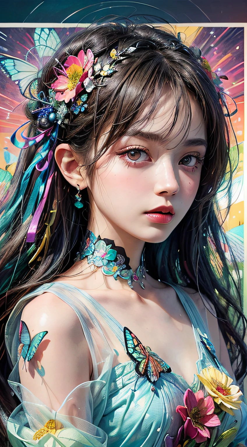 (masterpiece:1.1), (highest quality:1.1), (HDR:1.0), ambient light, ultra-high quality,( ultra detailed original illustration), (1girl, upper body), ((harajuku fashion)), ((flowers with human eyes, flower eyes)), double exposure, fusion of fluid abstract art, glitch, (original illustration composition), (fusion of limited color, maximalism artstyle, geometric artstyle, butterflies, junk art)