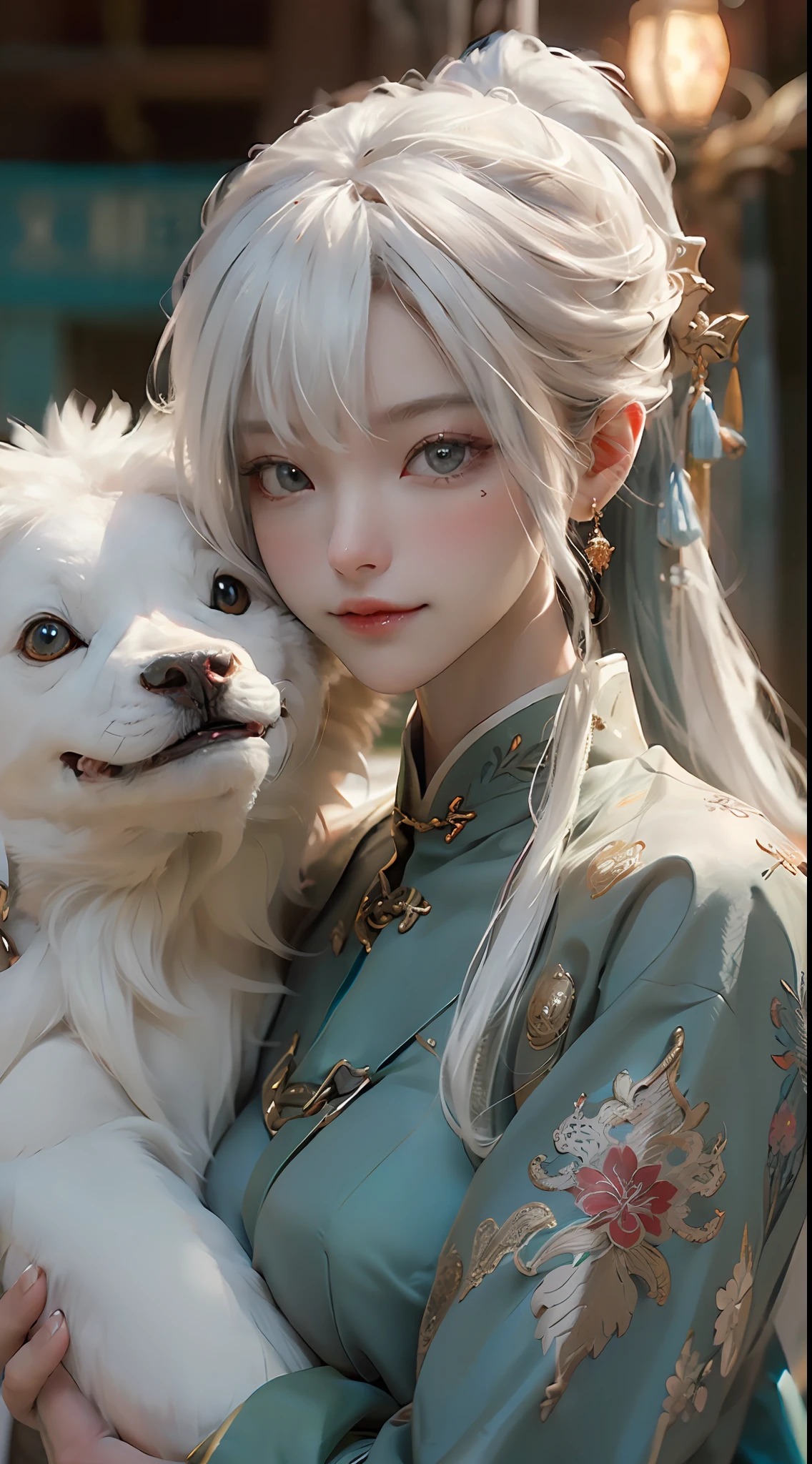 tmasterpiece,Best quality,(the detail:1.4), Make friends with Chinese dragons,intriguing,cheerfulness,Charming,brightly,drak,Close-up of a woman with white hair,Belle de personnage,Guviz-style artwork,white-haired god,Epic and beautiful character art,Stunning character art,Ray traching,NVIDIA RTX,Super-Resolution,Unreal 5,Subsurface scatteriBR Texture、post-proces、Anisotropy Filtering、depth of fields、maximum definition and sharpness、The costumes and facial expressions of the characters are very detailed,Detailed depictions are shown,Many-Layer Textures、Albedo e mapas Speculares、Surface Coloring、Accurate simulation of light-material interactionsproportions、Octane Render、Two-colored light、largeaperture、Low ISO、White balance、the rule of thirds、8K RAW