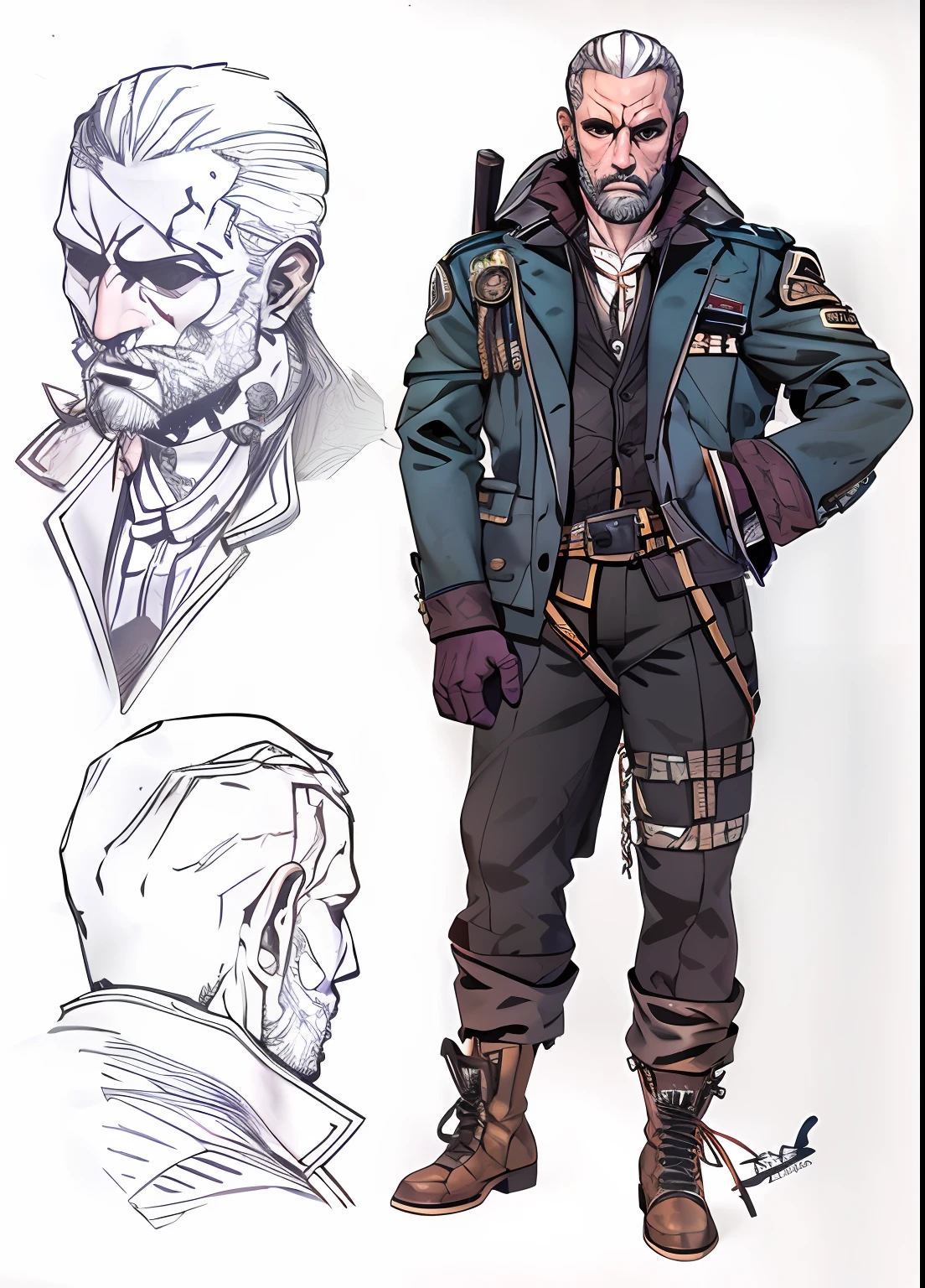 (arte conceitual detalhada de corpo inteiro, homem, jaqueta, Slacks, arma, dynamics, realisticidade alta)