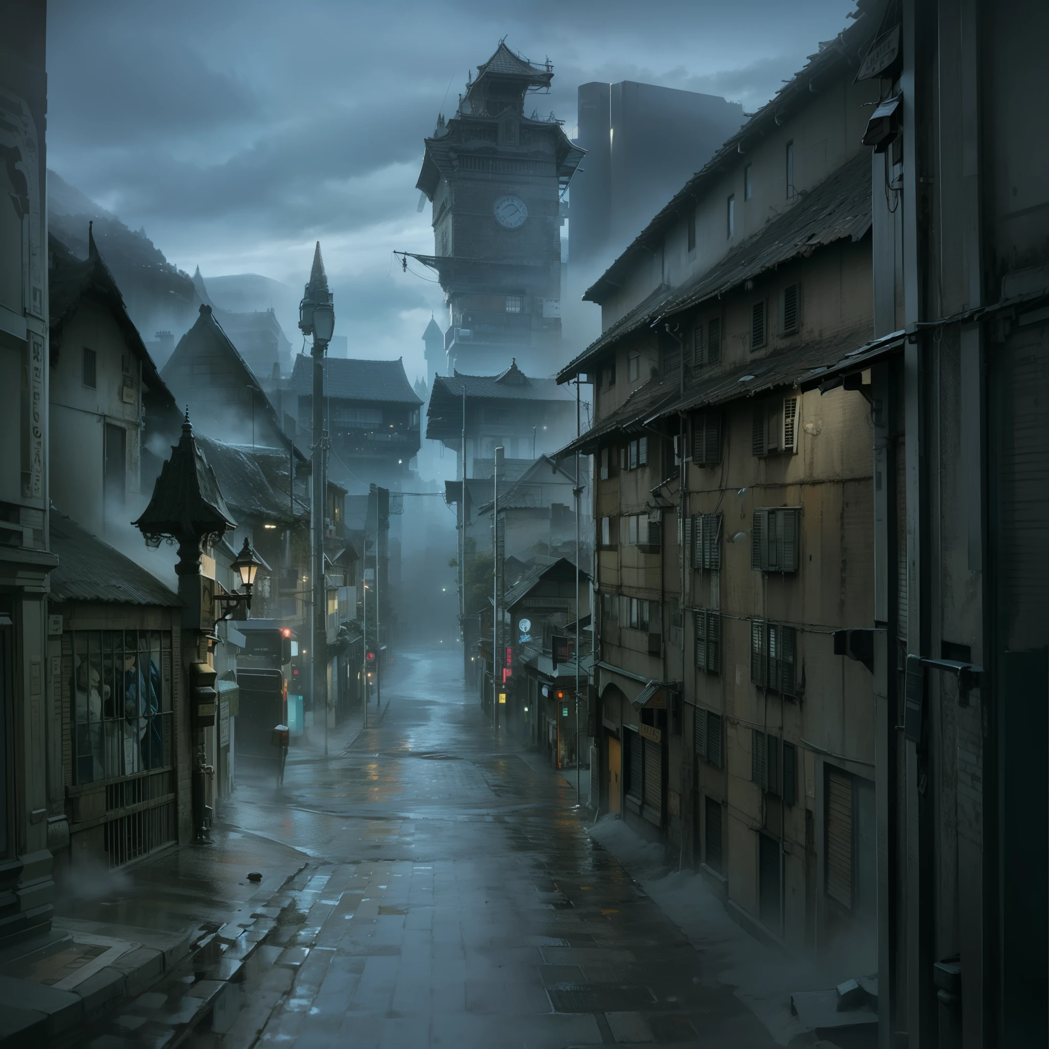 Cidade em clima de chuva, a noite, chovendo, luzes da cidade, tom azulado, tom verde, 4k