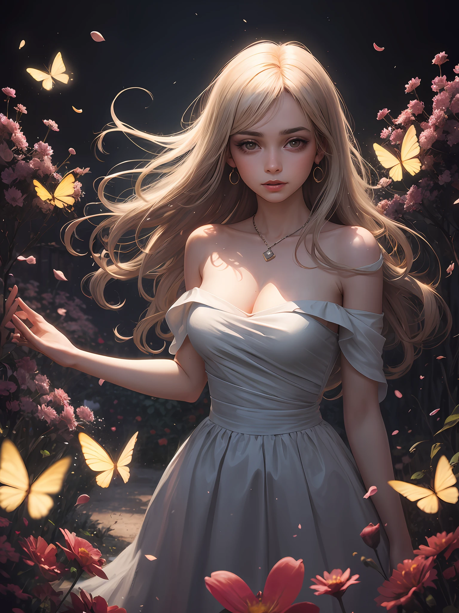 1girl, solo, full body, (masterpiece:1.21), (best quality:1.2), colorful, (illustration:1.2), (cinematic lighting:1.1), (bare shoulders:1.21), (collarbone:1.21) in this whimsical A beautiful and dreamlike garden, the scene is illuminated by a rainbow (colorful fireflies) dancing in the air. Pastel (drizzle) adorns the garden, creating a hazy and ethereal atmosphere. In the center of the picture, stands a single girl, an extremely beautiful girl, with lovely facial features and an innocent expression. Her long hair fluttered in the wind. She wore a low-cut strapless dress that accentuated her curves. The lighting is very delicate and beautiful, creating a soft warm glow that accentuates the water and makes it sparkle like a diamond. The finest grasses are also illuminated to create a lush carpet. The garden is surrounded by colorful flower fields with flowers of all colors and shapes. Various colors and sizes (coloured butterflies) can be seen flying around the scene, adding to the overall sense of wonder and magic. (Everyone, judges), a blush can be seen on the bridge of the nose, and the mouth is slightly opened, which adds to the overall sense of innocence and youth. Falling petals can be seen waving around her, adding to the overall sense of romance and beauty. The breeze is blowing, the leaves are rustling, and the flowers are swaying, adding to the overall dynamism and vitality. It is a scene of pure wonder and magic, full of color and beauty, where the viewer can lose themselves in this enchanting and captivating world.