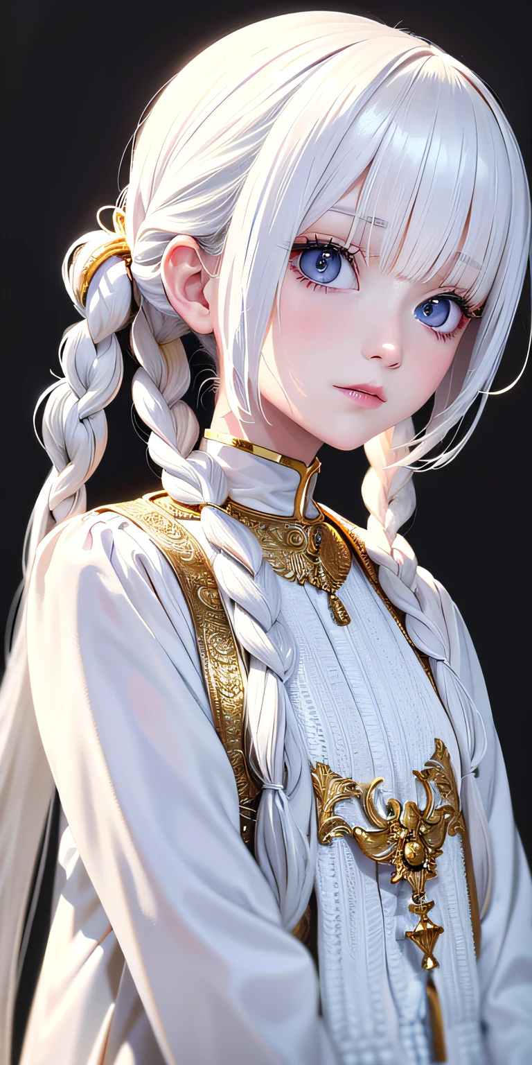 best quality, masterpiece,white hair, gold eyes,white clothes, looking up, upper body,hair strand,Fair skin,side braids