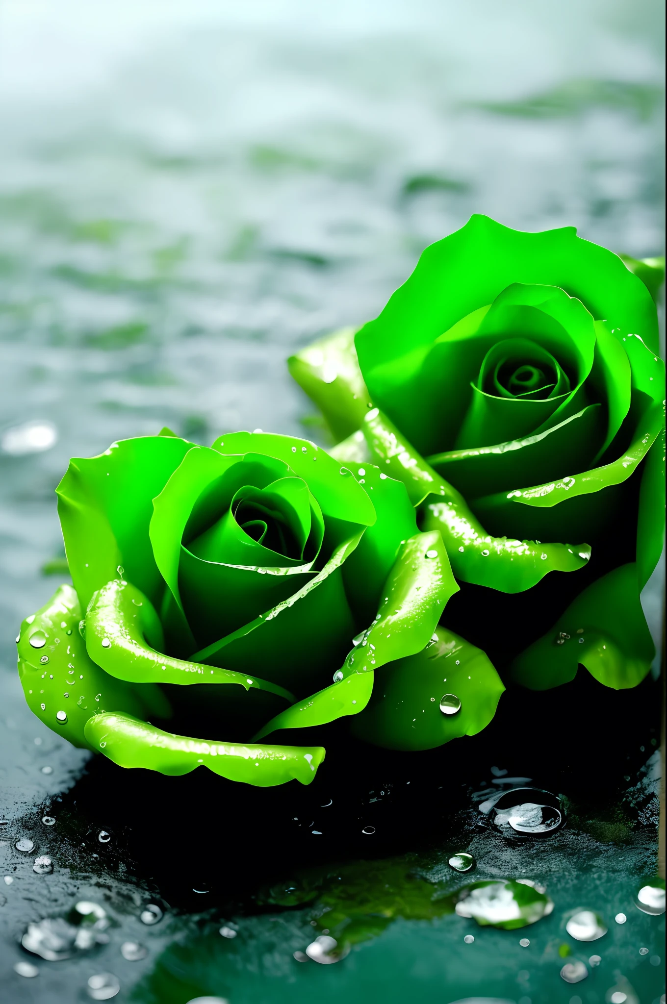 There are two green roses sitting on a damp surface, rosses, rosette, green tonalities, green color, Green sea, green ocean, wallpaper hd, flowers sea rainning everywhere, green and black, wallpaper - 1 0 2 4, Green, green waters, Beautiful wallpaper, green color, green color, Beautiful flowers, very beautiful photograph of, beautiful green liquid