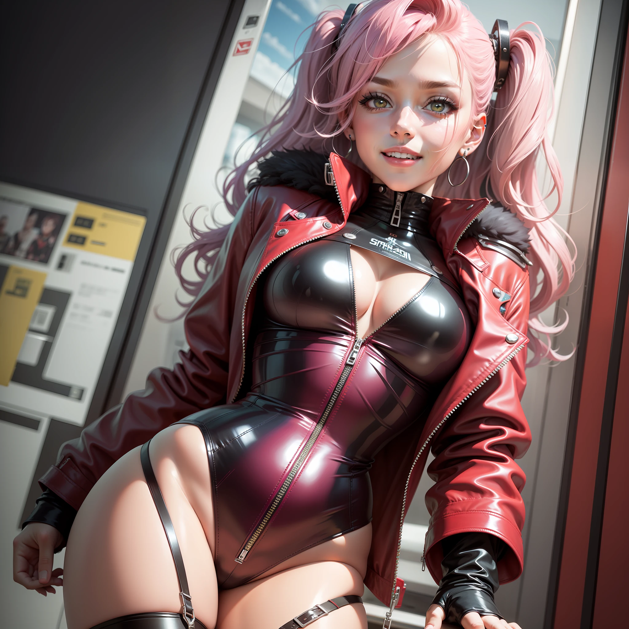 cyberpunked Red leather jacket Kizi smil beste-Qualit masterpiece Super-High Resolution Pink hair A futuristic world Red bodysuit