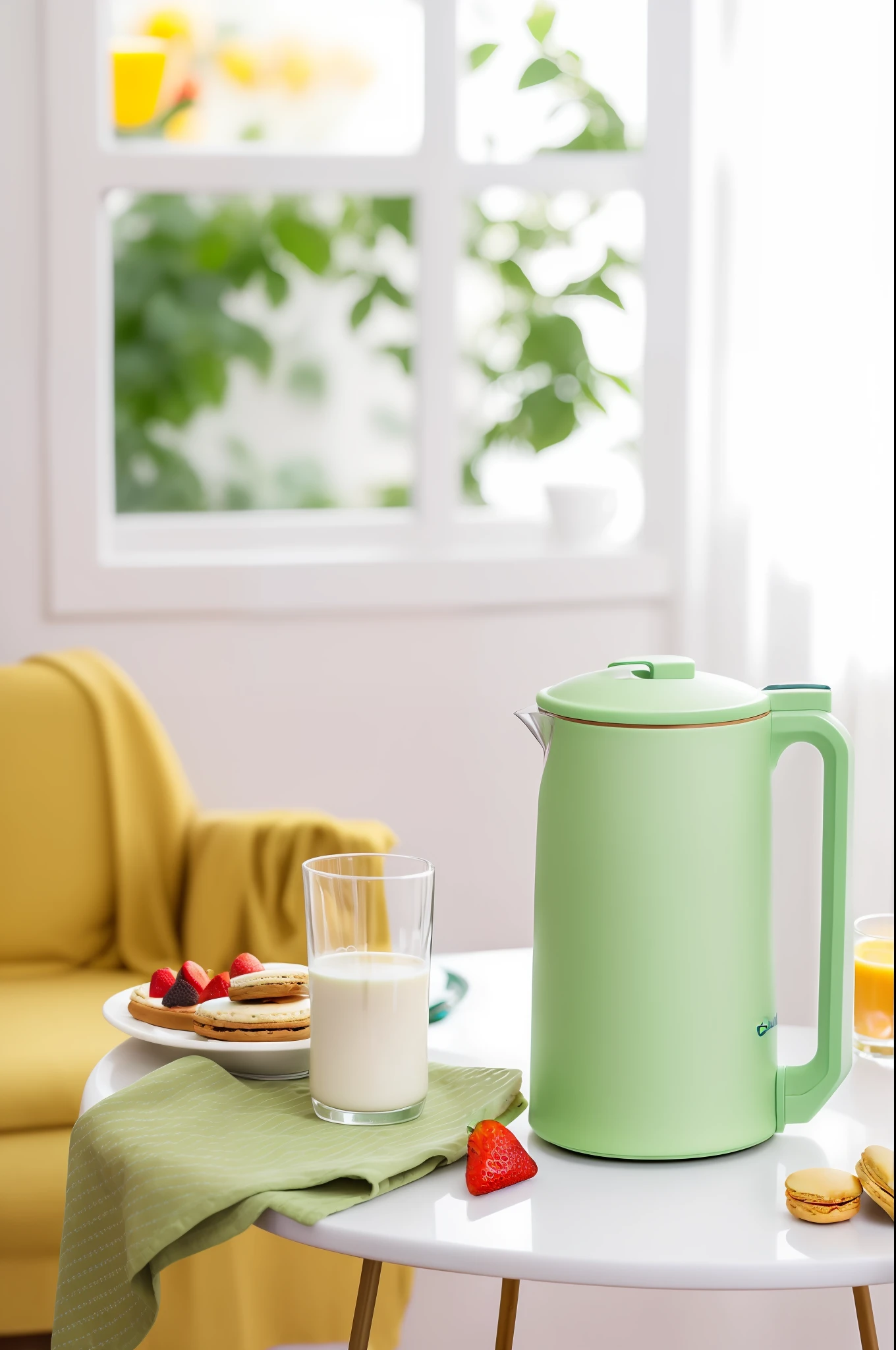 There was a green kettle on the table,A glass of milk next to it, product introduction photos, latte, with accurate features, Product photo, photo 85mm, product introduction photos, Various colors, detailed with high quality, smooth color, fully functional, matte surface, Multiple colors, Glossy surface, silicone cover, pastel green, kettle, designed for cozy aesthetics,Cut strawberries,Macaron cookies,Toast bread,Breakfast time,8K,RAW photos,best qualityer,tmasterpiece,Canon camera,real photograph