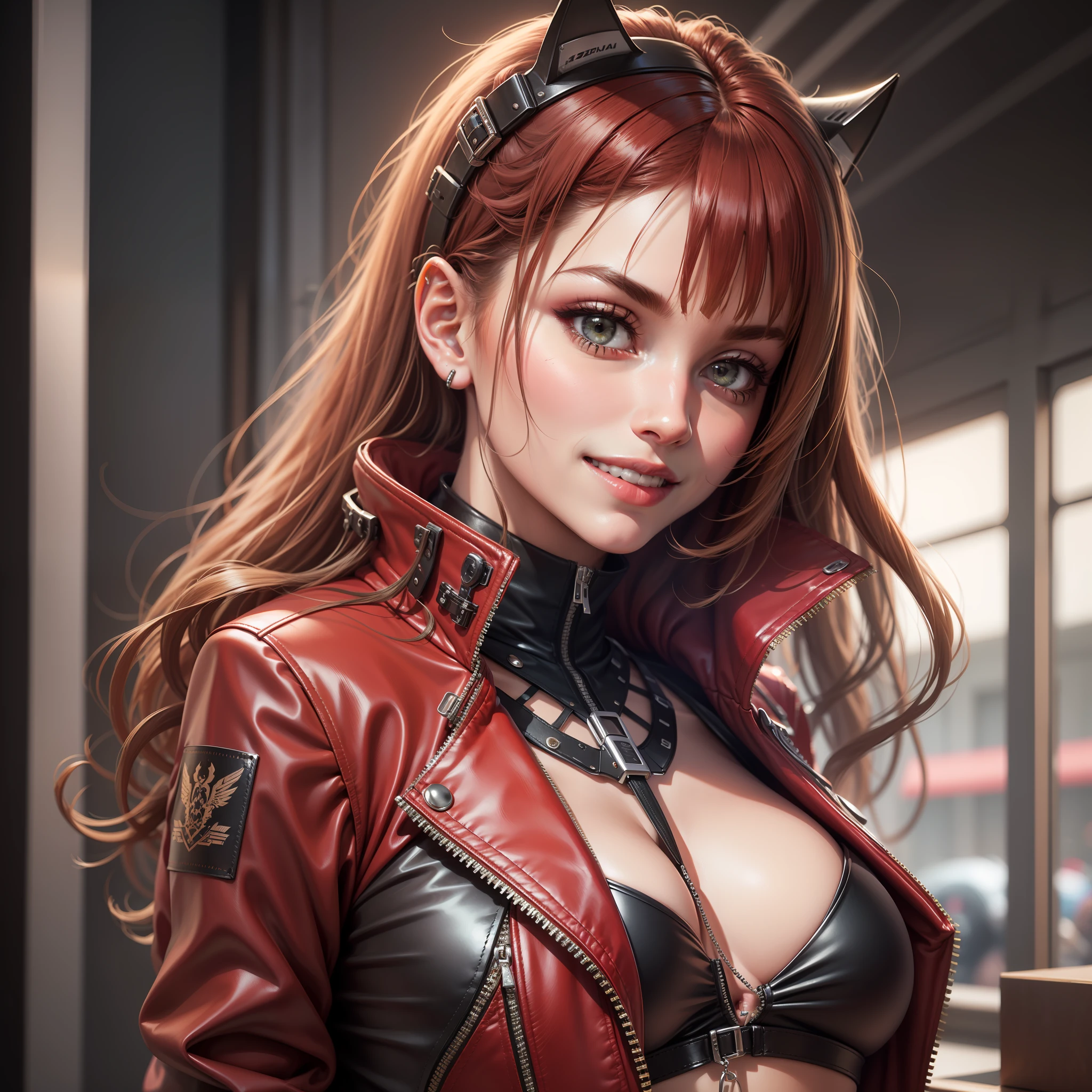 cyberpunked Red leather jacket Kizi smil beste-Qualit masterpiece Super-High Resolution A futuristic world Red bodysuit