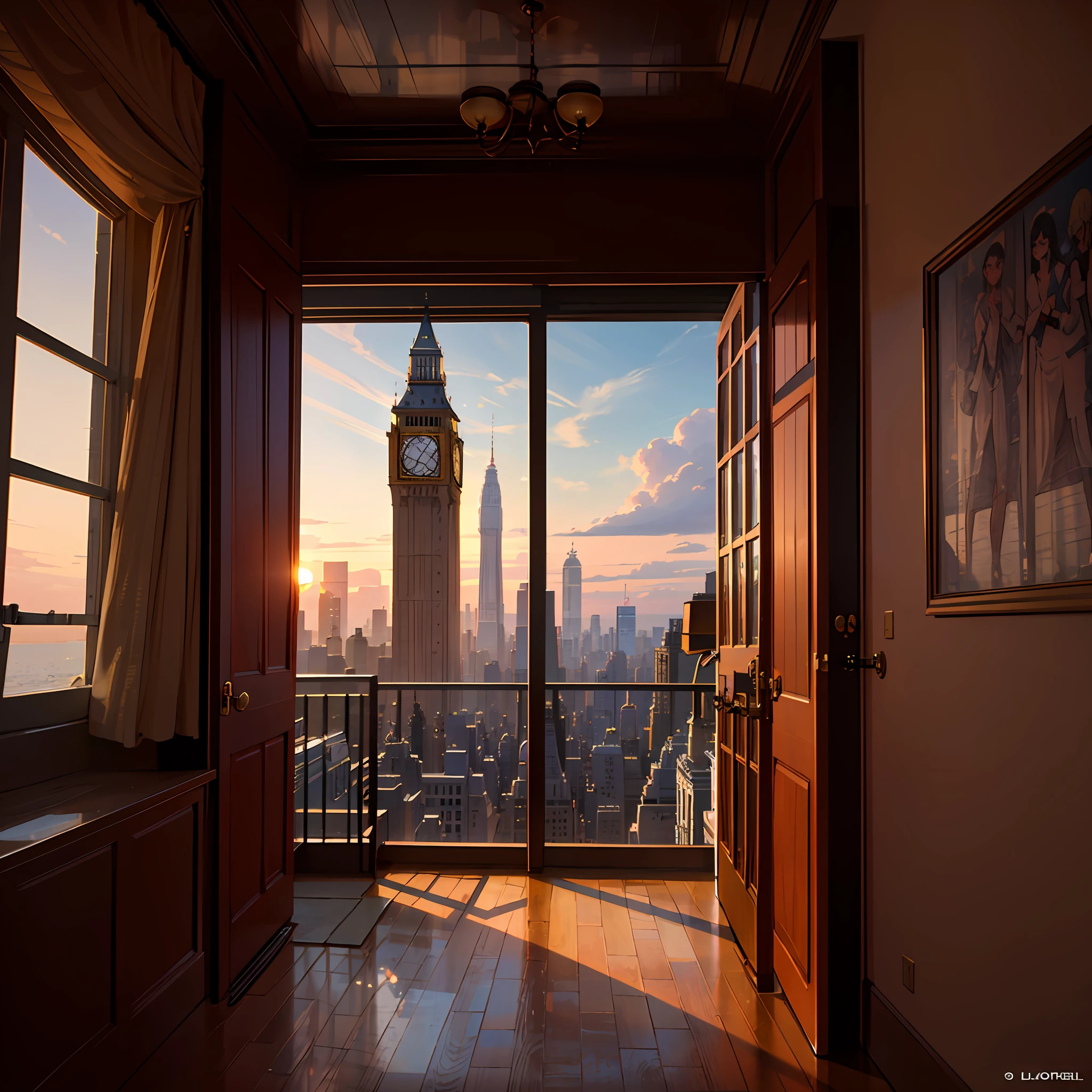 New York Sunrise,City sunrise,skyscrapper,A silhouette of a city formed by sunlight,the clock tower,A big Ben,pigeons,palmeiras ,Bay in the distance,Mooring vessels,sea surface,shoreline,Clouds,lamplight,Planes,Horizontal angle view,Horizontally angled lens,Horizontal viewport,Compress space photos,Nikon camera 120mm telephoto lens shot,telephoto lenses,American comic book style,The color is stable,Exquisite architectural details,sunraise,Sun details are obvious