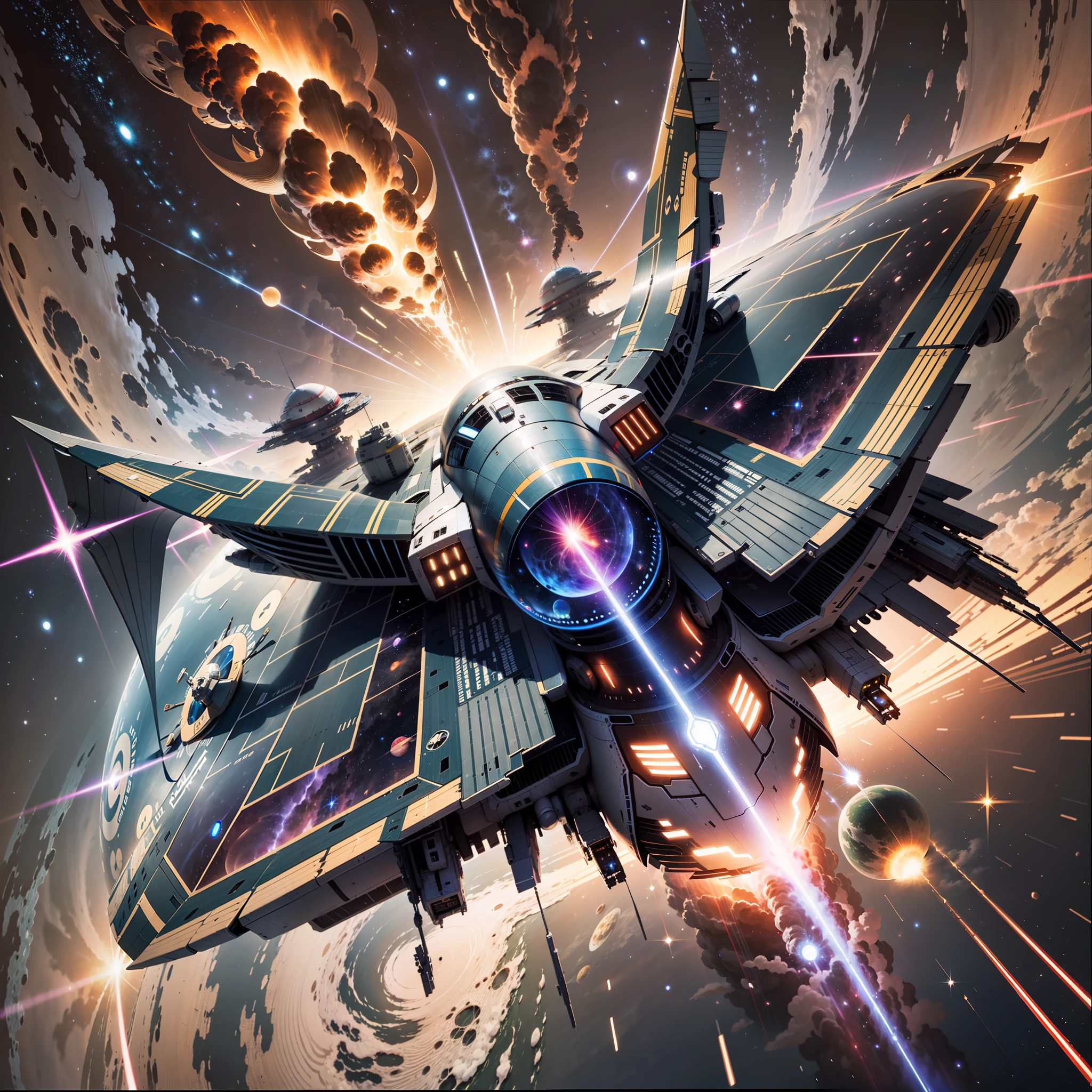 Starship, smooth hull, sleek, above a gas giant planet, firing lasers