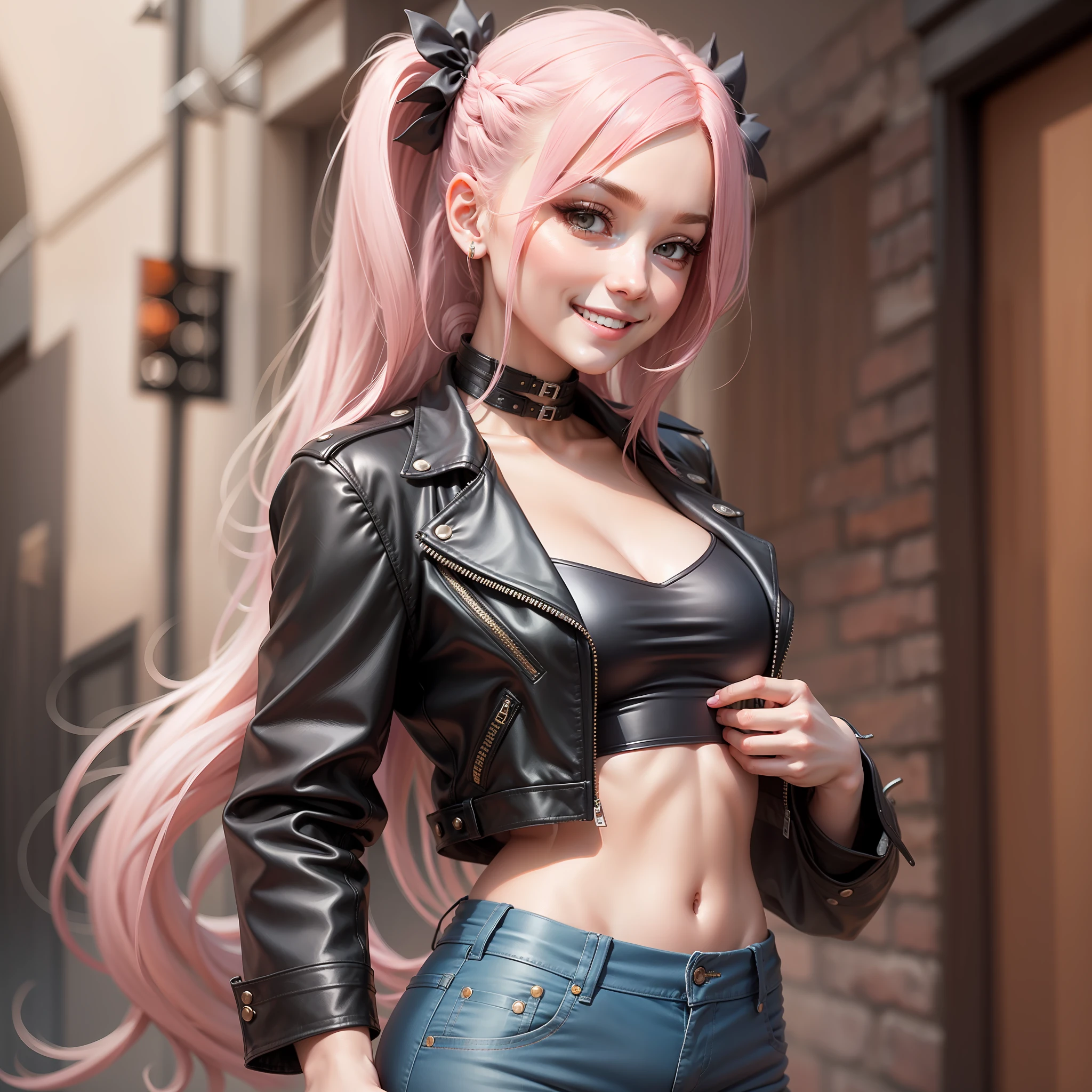 a leather jacket Kizi Naked leather jeans a smile beste-Qualit masterpiece a beautiful lady Super-High Resolution Long Pink hair Twin-tailed
