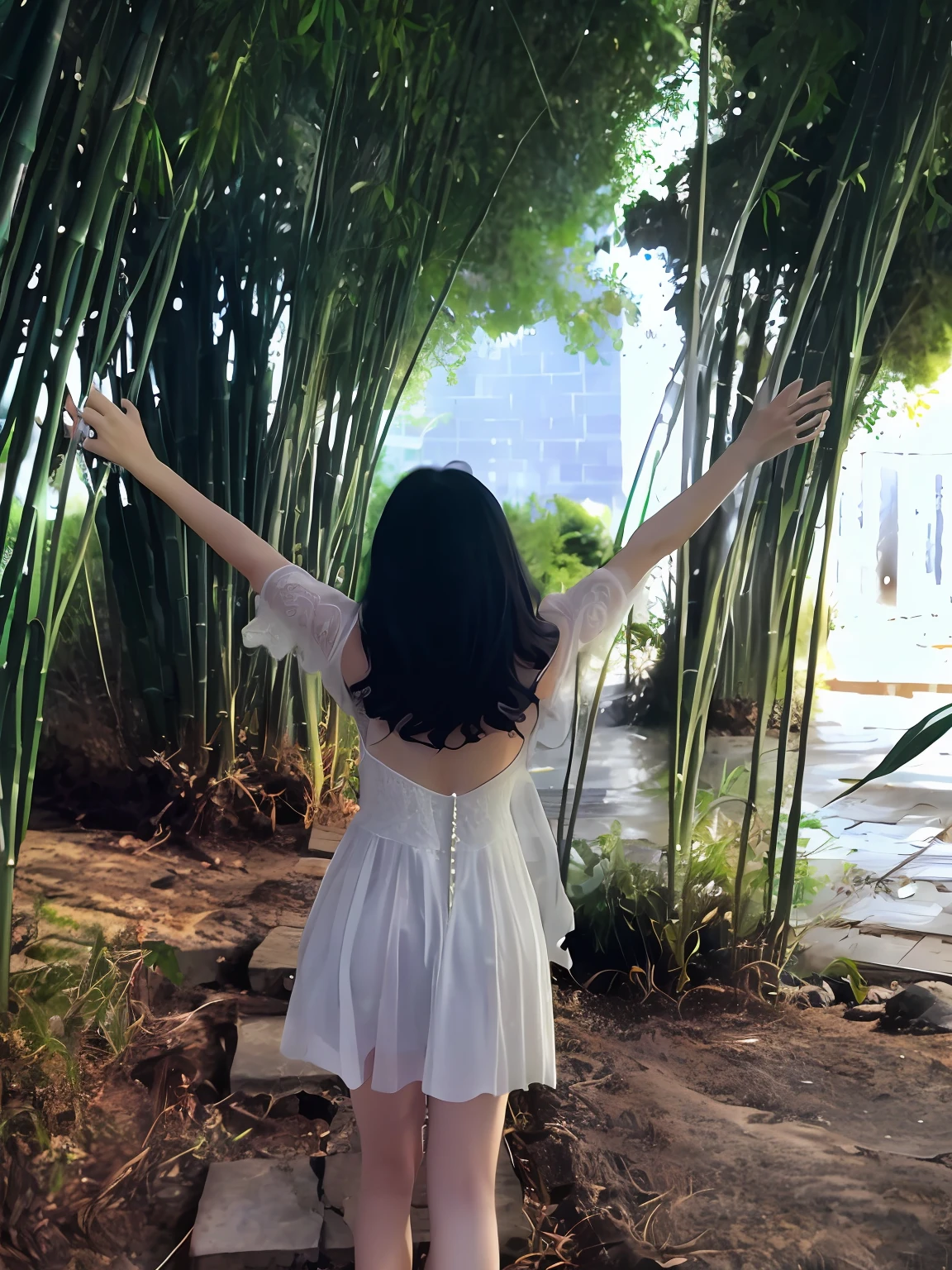 Araki woman in a white dress stands on the steps of a bamboo forest, in bamboo forest, standing in a botanical garden, spreading her wings, back - shot, taken from behind, Wearing a white flowing dress, wearing a cute white dress, rear-shot, posterior view, wears a white dress, goddess of nature, Wearing a white dress, in the middle of nature