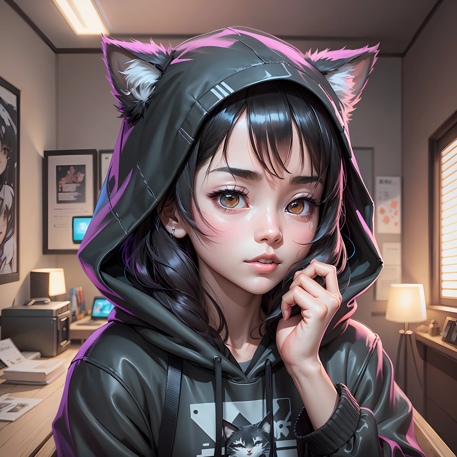 black hair, hair bobbles, wince, longeyelashes, solid circle eyes, fake animal ears, light smile, ear blush, fang, white hair, yellow eyes, hairpods, jitome, Surrealism, drop shadow, anaglyph, stereogram, tachi-e, pov, atmospheric perspective, cinematic lighting, letterboxed, panorama, Wide-Angle, 8k, super detail, ccurate, best quality, UHD --auto